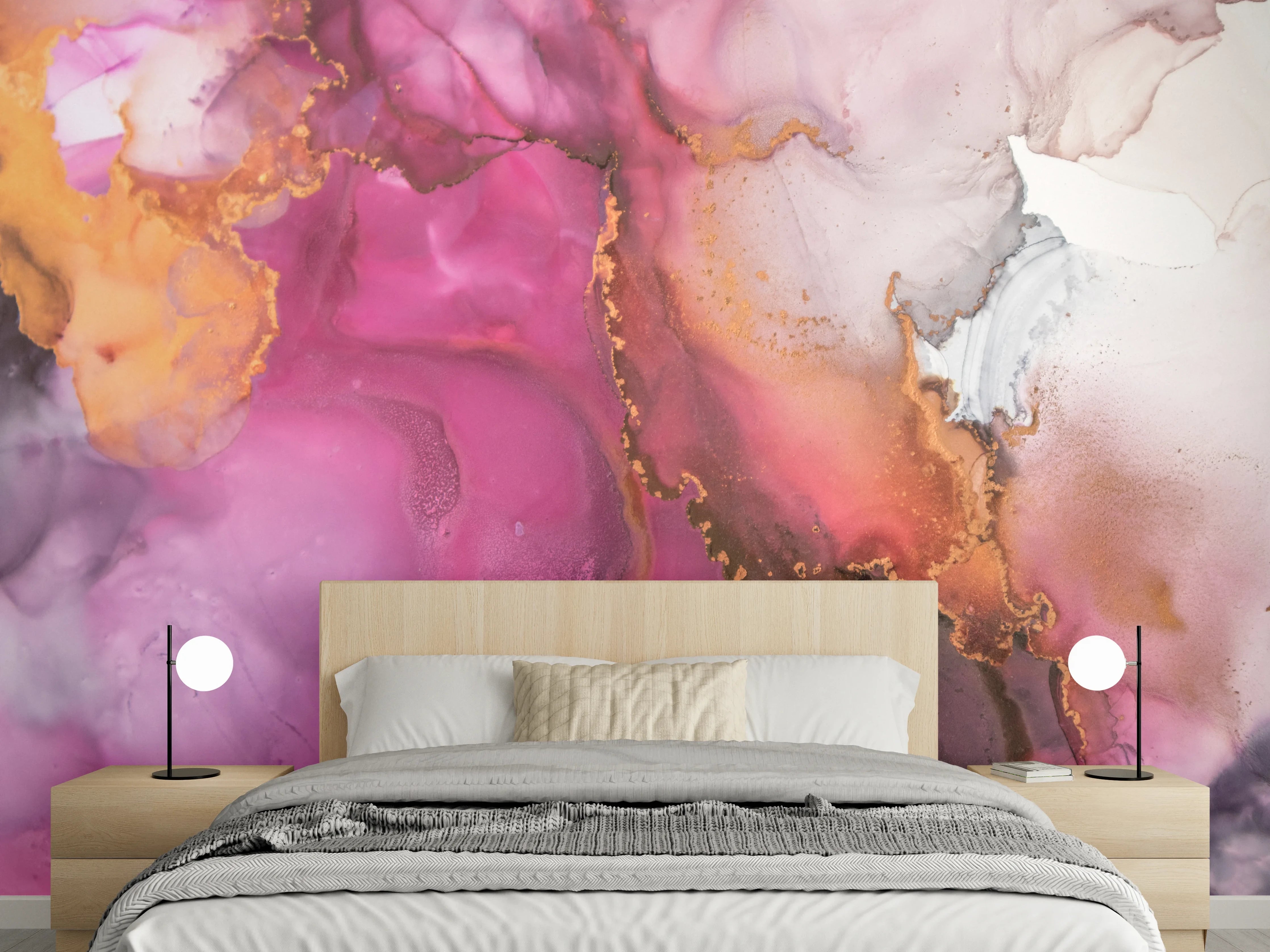 Wandverkleidung Schlafzimmer - Lebendige Pink- und Gold-Aquarellkunst