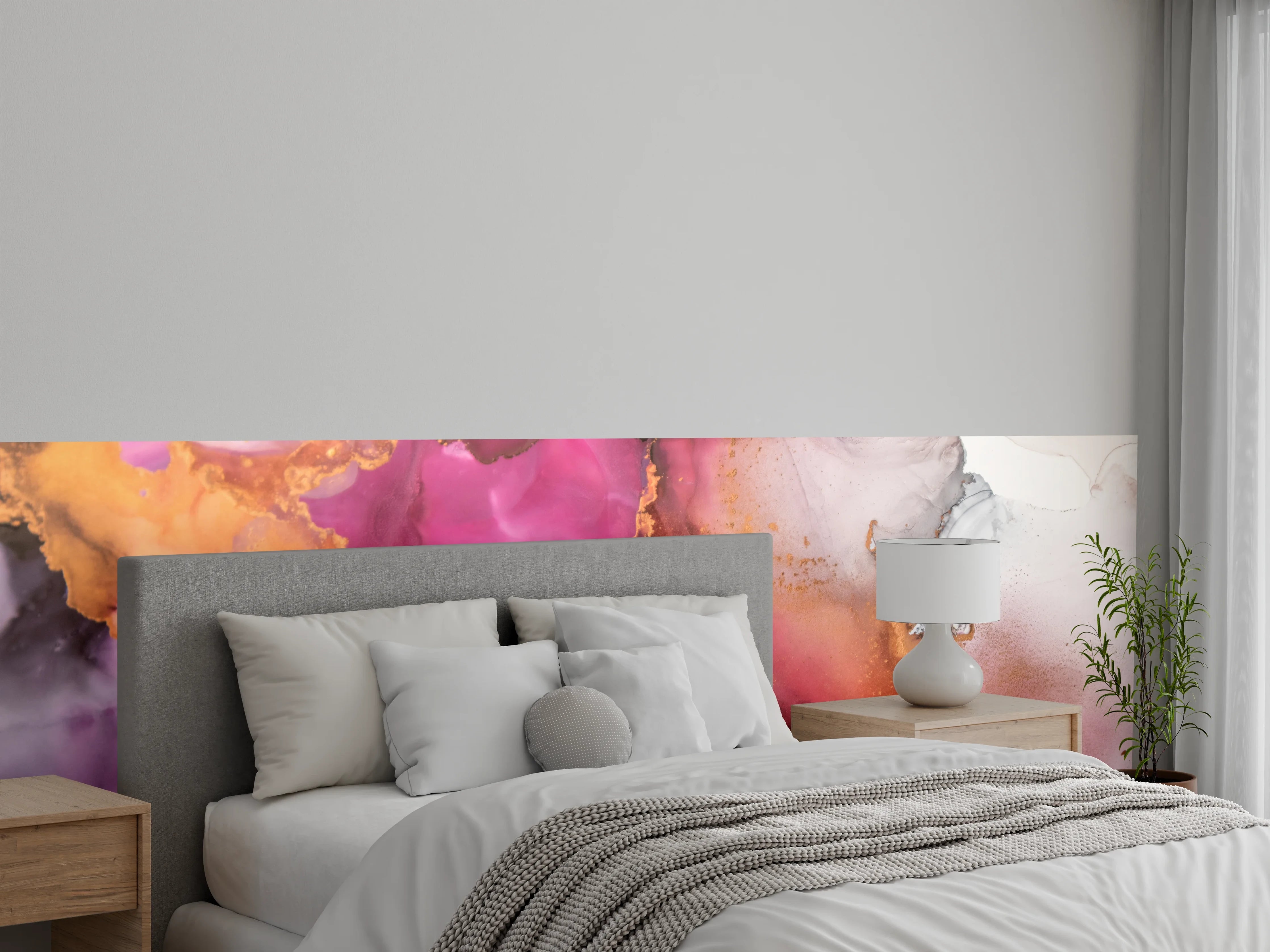 Wandverkleidung Schlafzimmer - Lebendige Pink- und Gold-Aquarellkunst