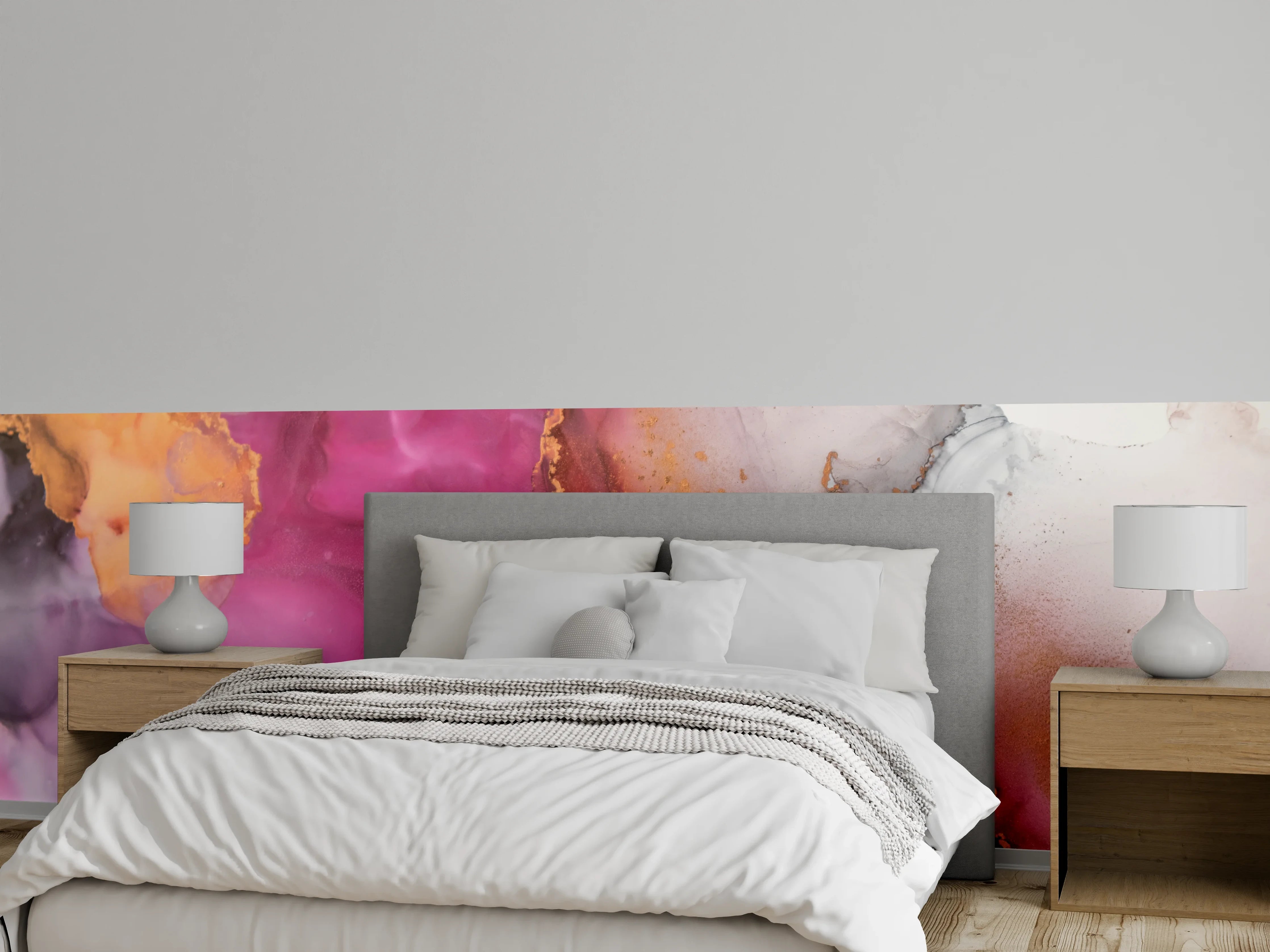 Wandverkleidung Schlafzimmer - Lebendige Pink- und Gold-Aquarellkunst