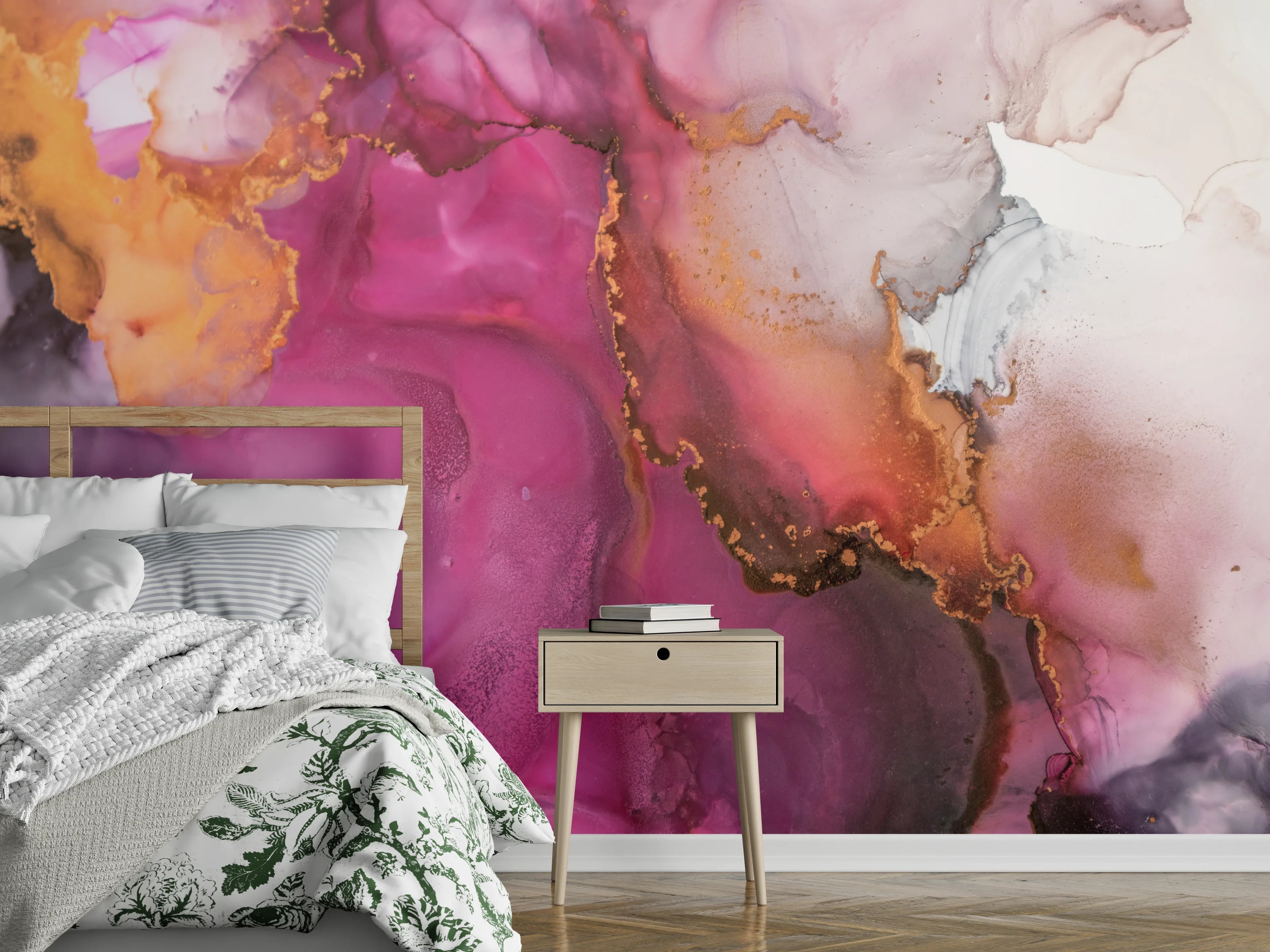 Wandverkleidung Schlafzimmer - Lebendige Pink- und Gold-Aquarellkunst
