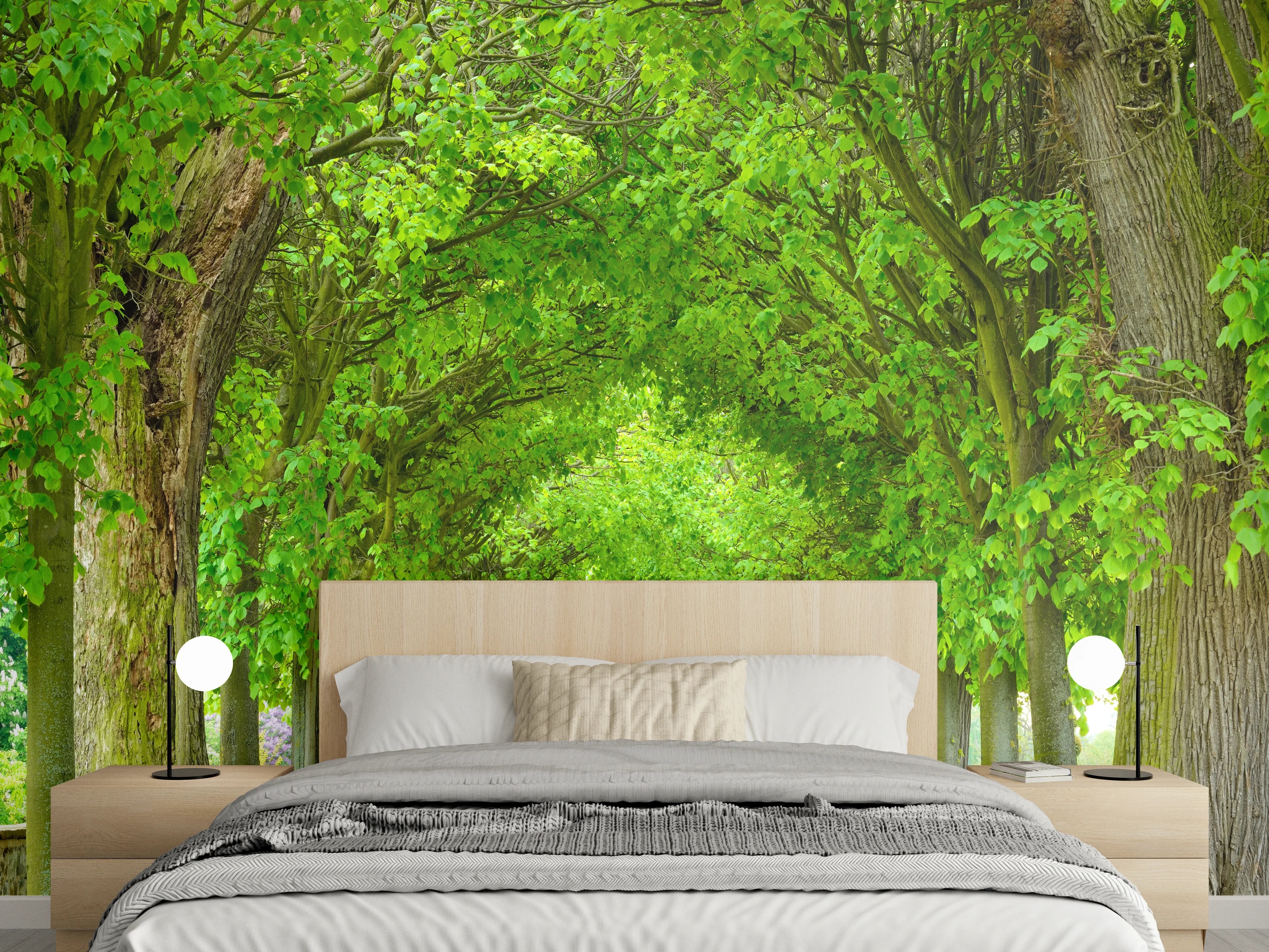 Wandverkleidung Schlafzimmer - Lebensfroher Spaziergang im grünen Baumallee