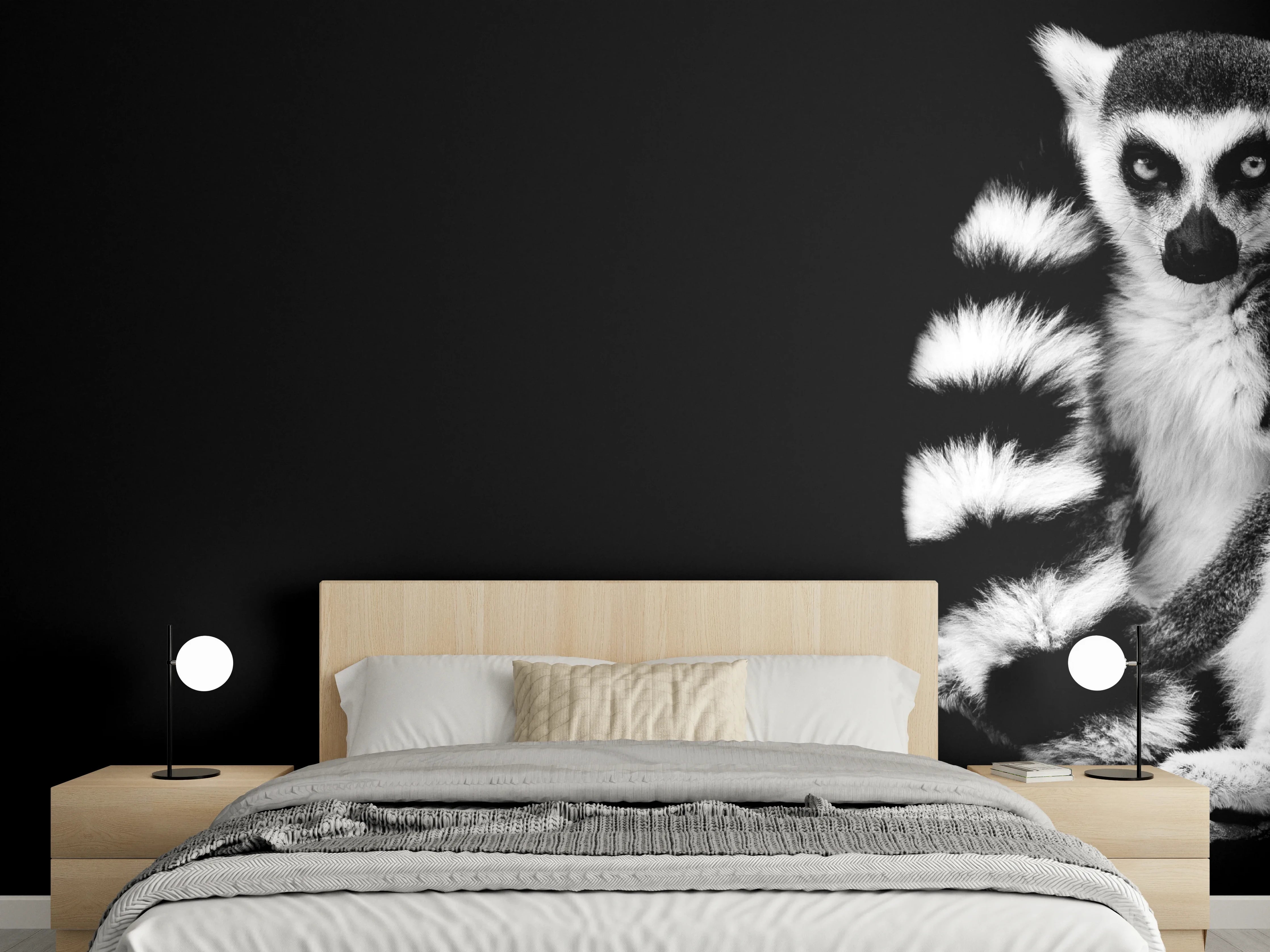 Wandverkleidung Schlafzimmer - Lemur auf schwarzem Hintergrund
