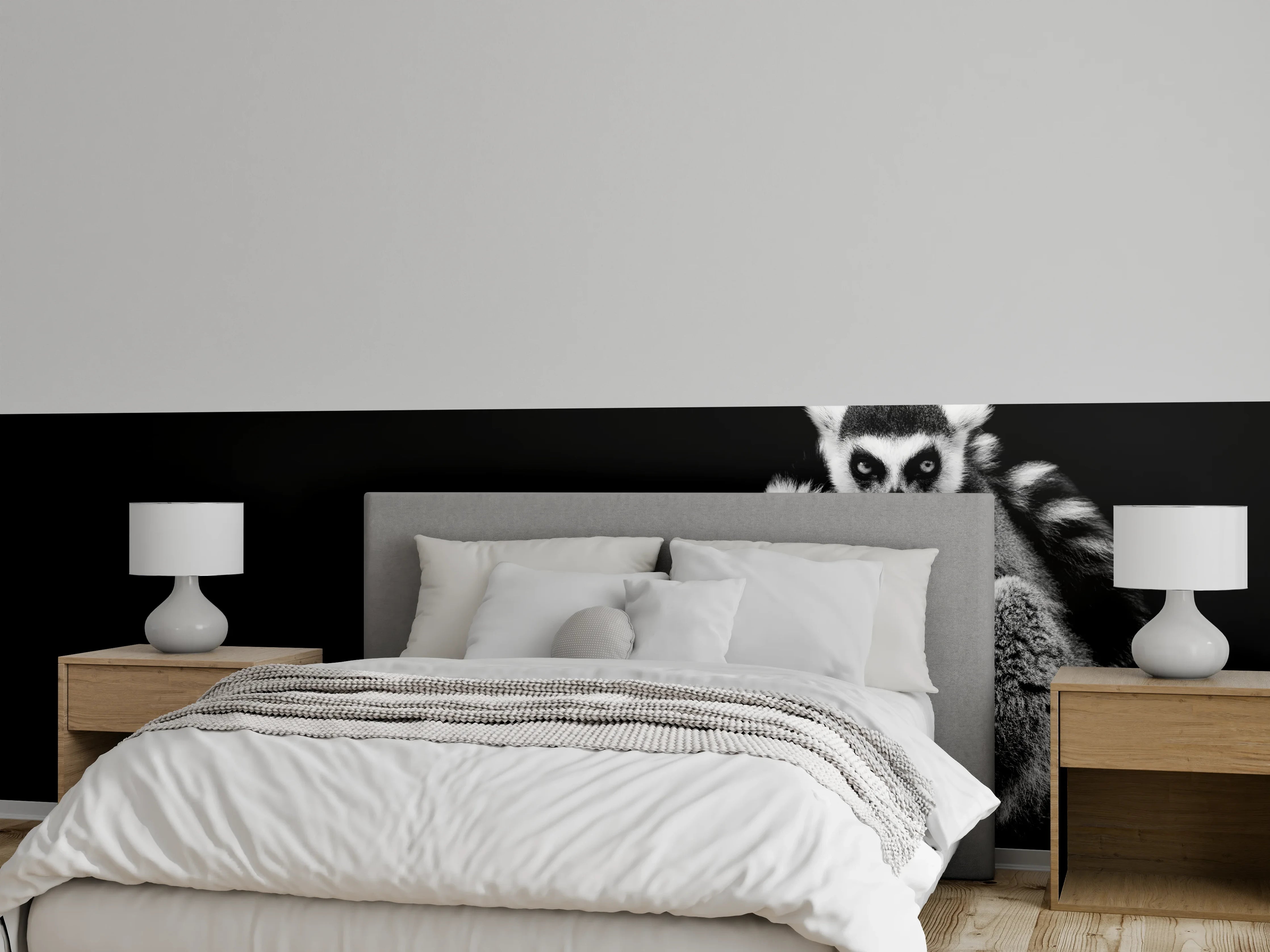 Wandverkleidung Schlafzimmer - Lemur auf schwarzem Hintergrund