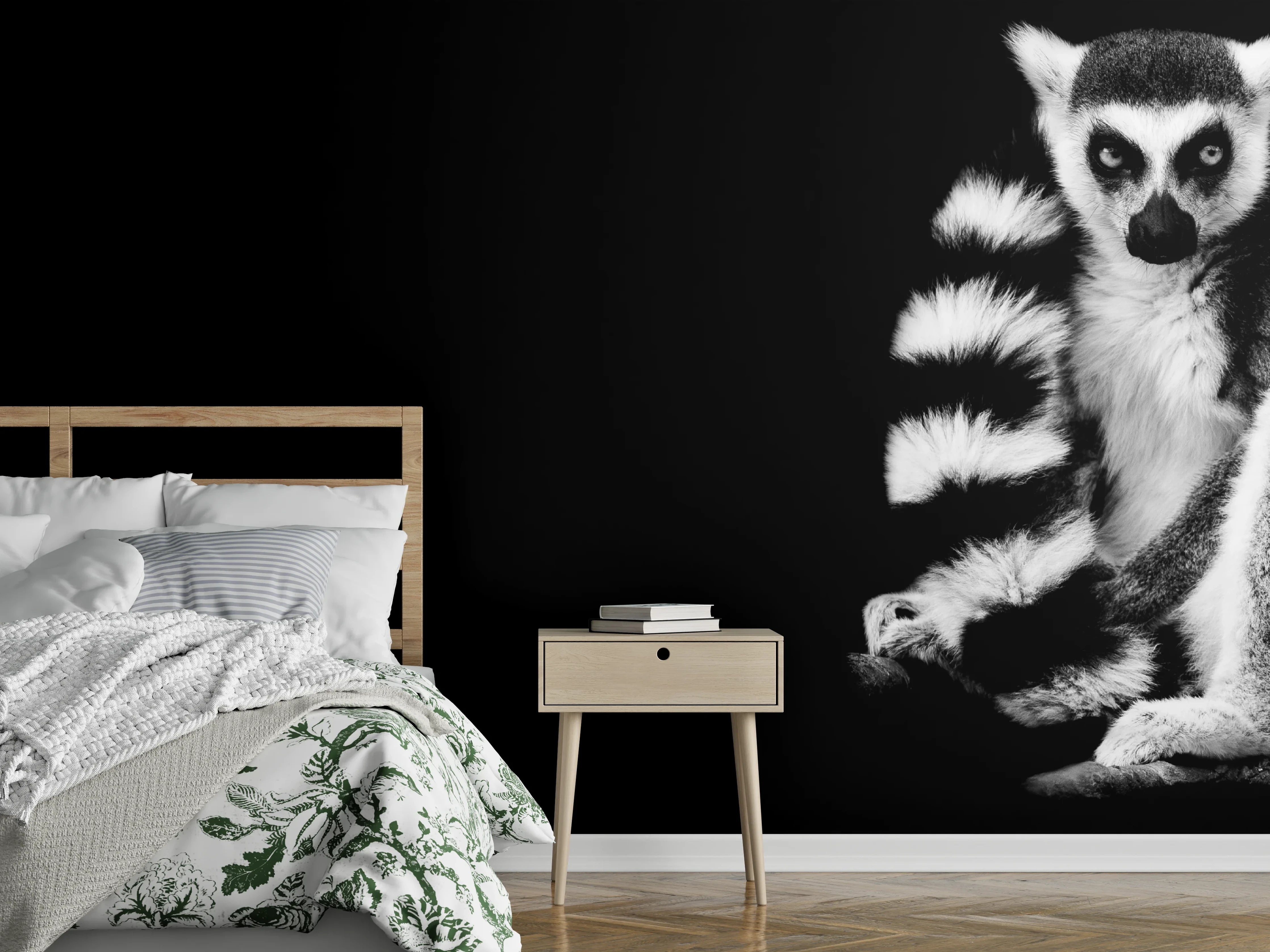 Wandverkleidung Schlafzimmer - Lemur auf schwarzem Hintergrund