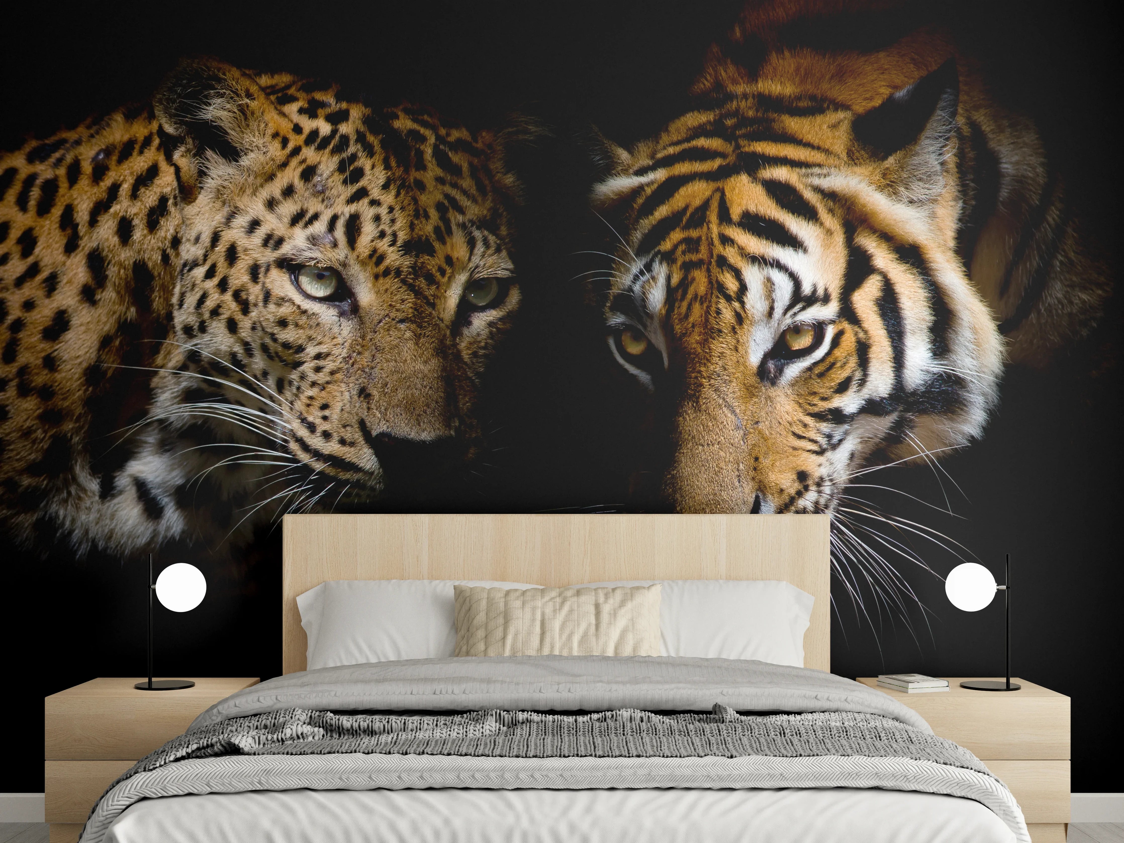 Wandverkleidung Schlafzimmer - Leopard und Tiger isoliert auf schwarzen Hintergrund