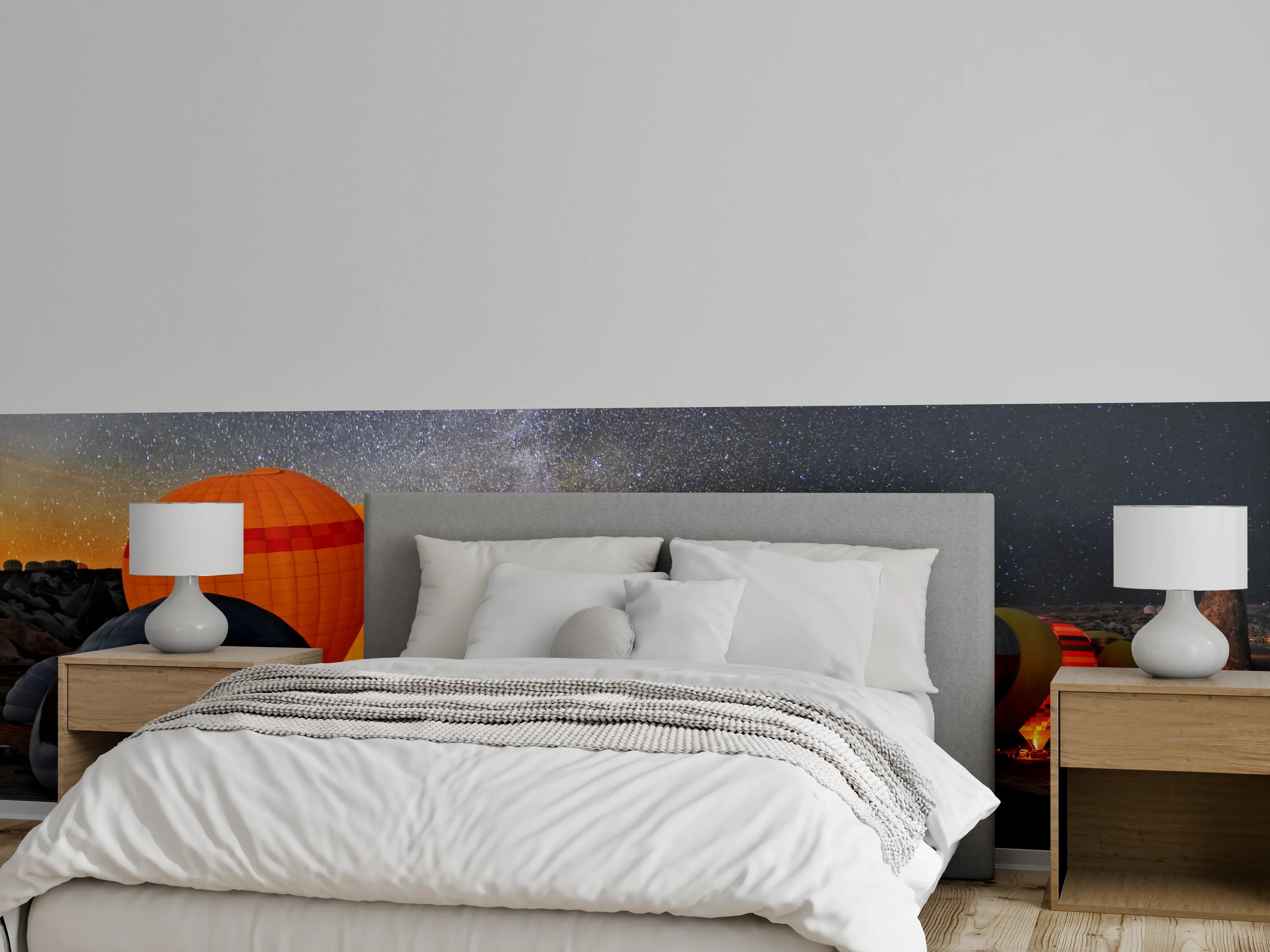 Wandverkleidung Schlafzimmer - Leuchtende Ballons bei Sternenhimmel Nacht