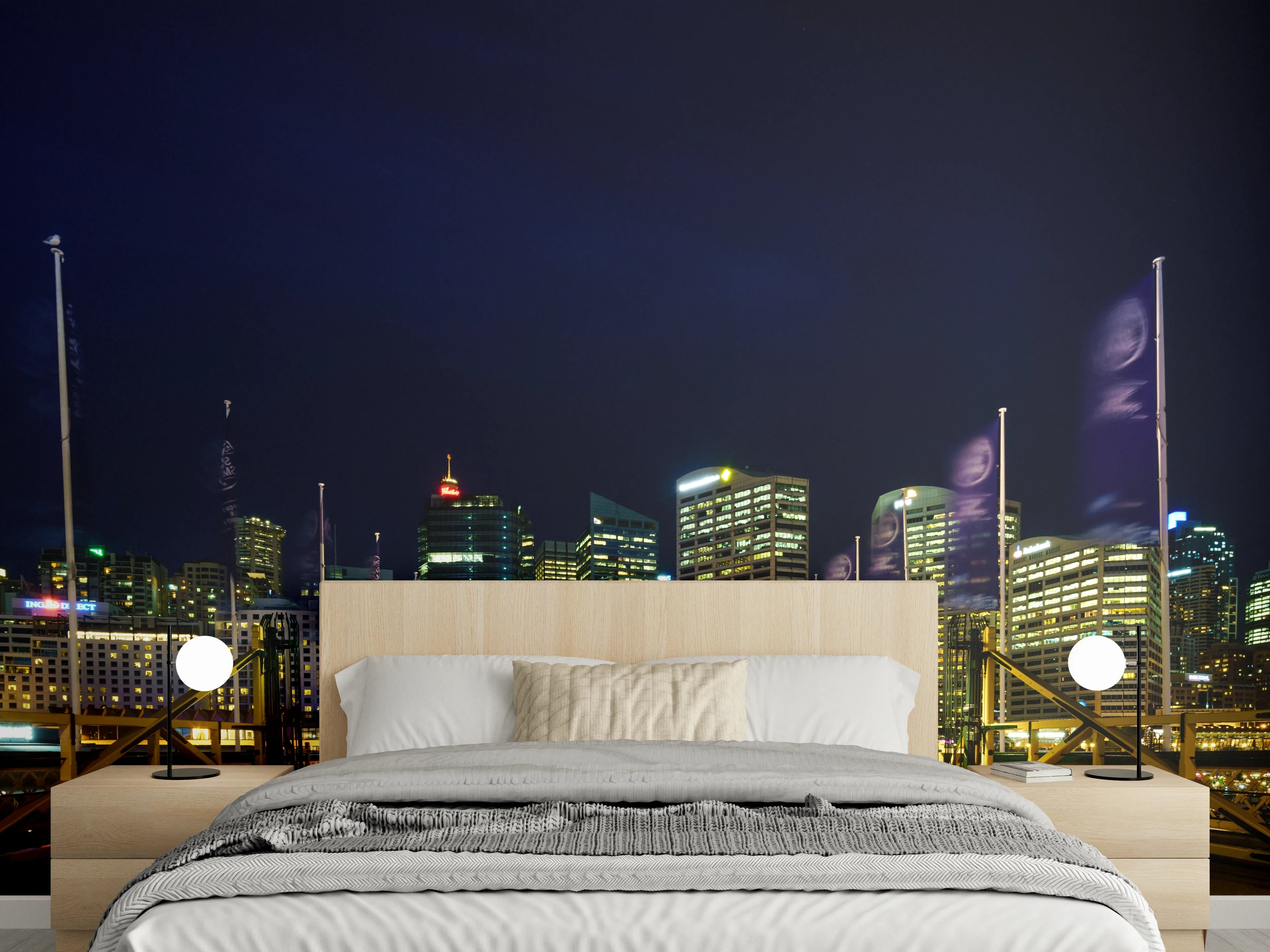Wandverkleidung Schlafzimmer - Leuchtende Skyline bei Nacht