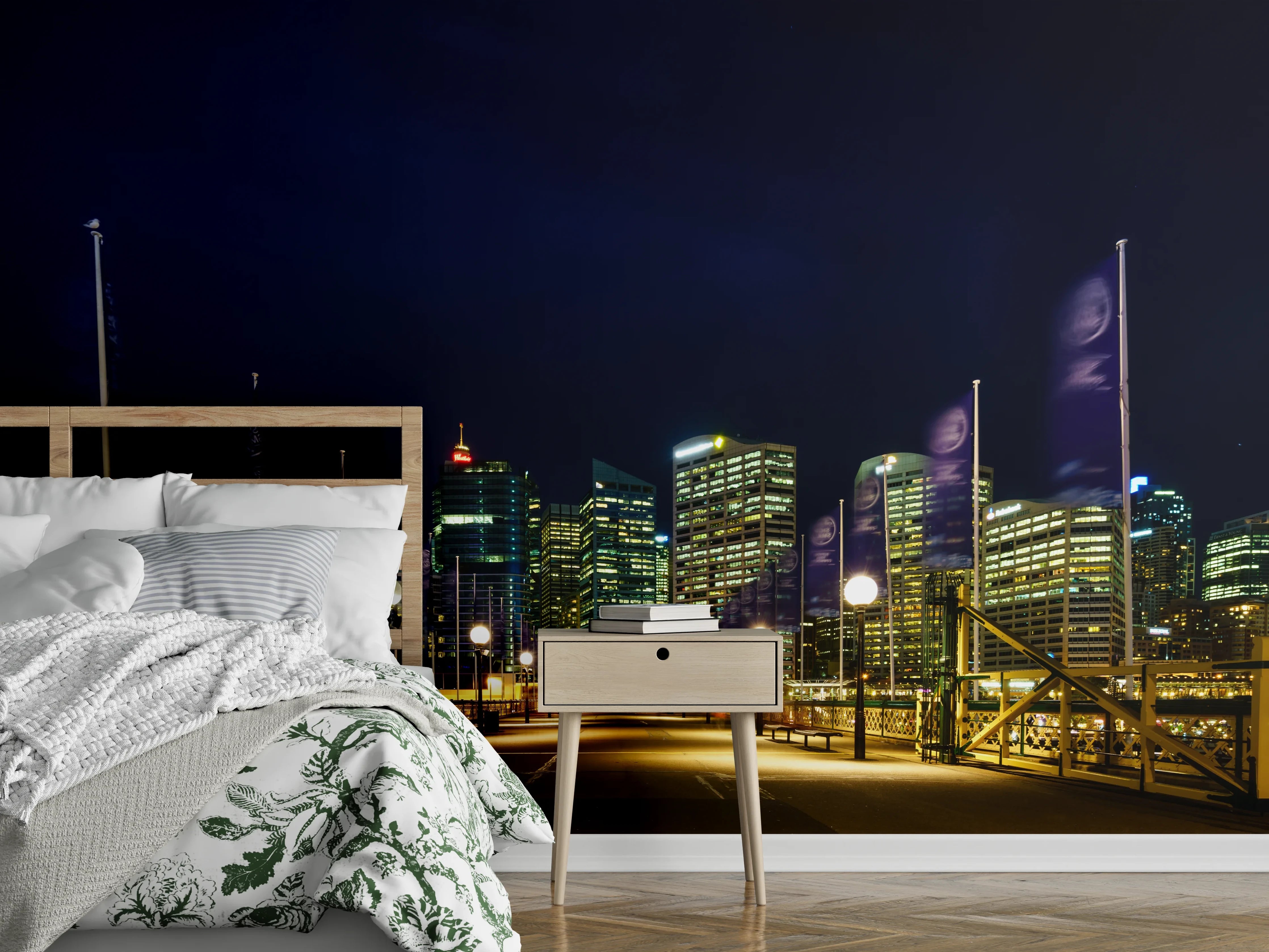 Wandverkleidung Schlafzimmer - Leuchtende Skyline bei Nacht