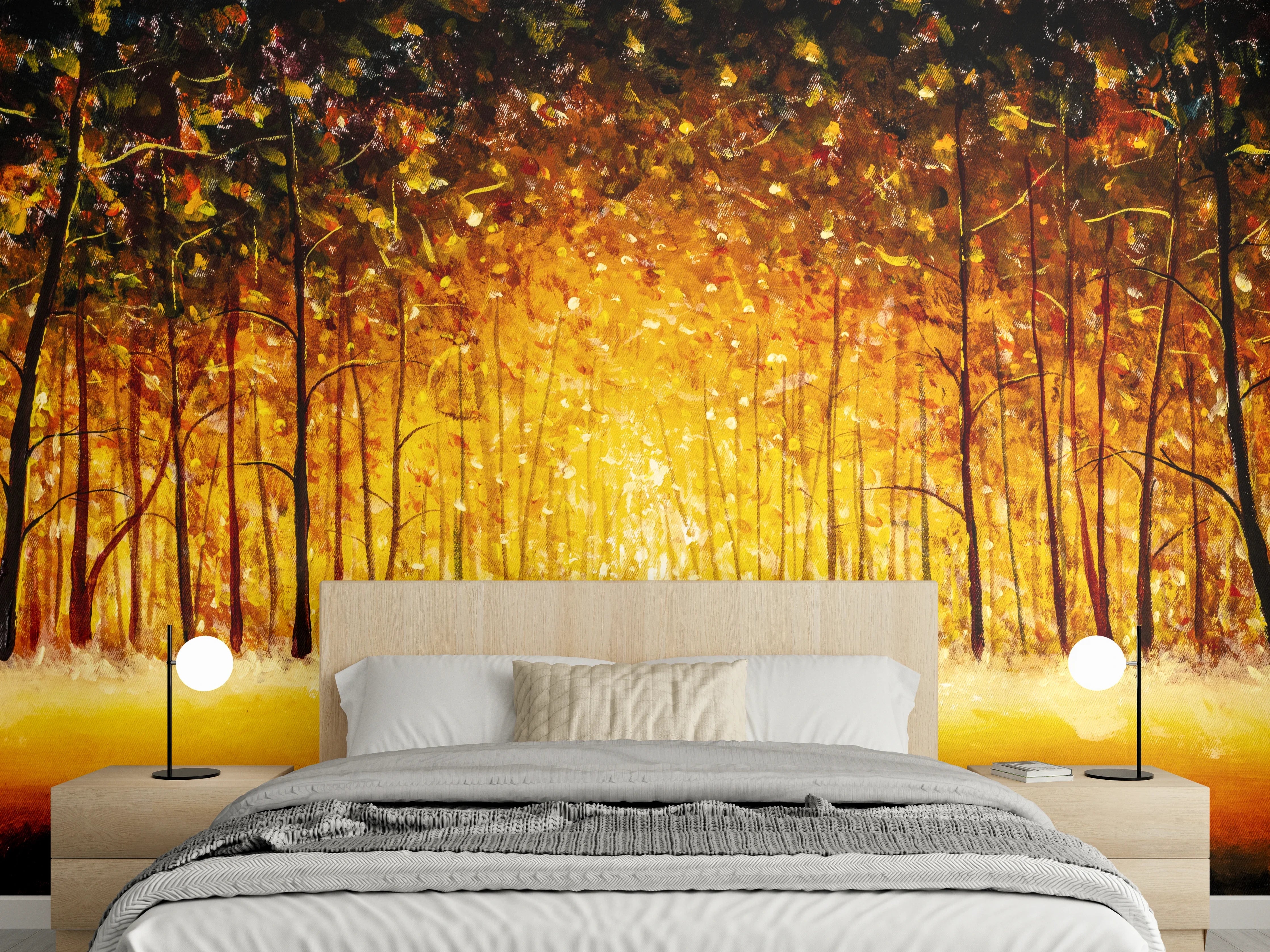 Wandverkleidung Schlafzimmer - Leuchtender Herbstwald Malerei