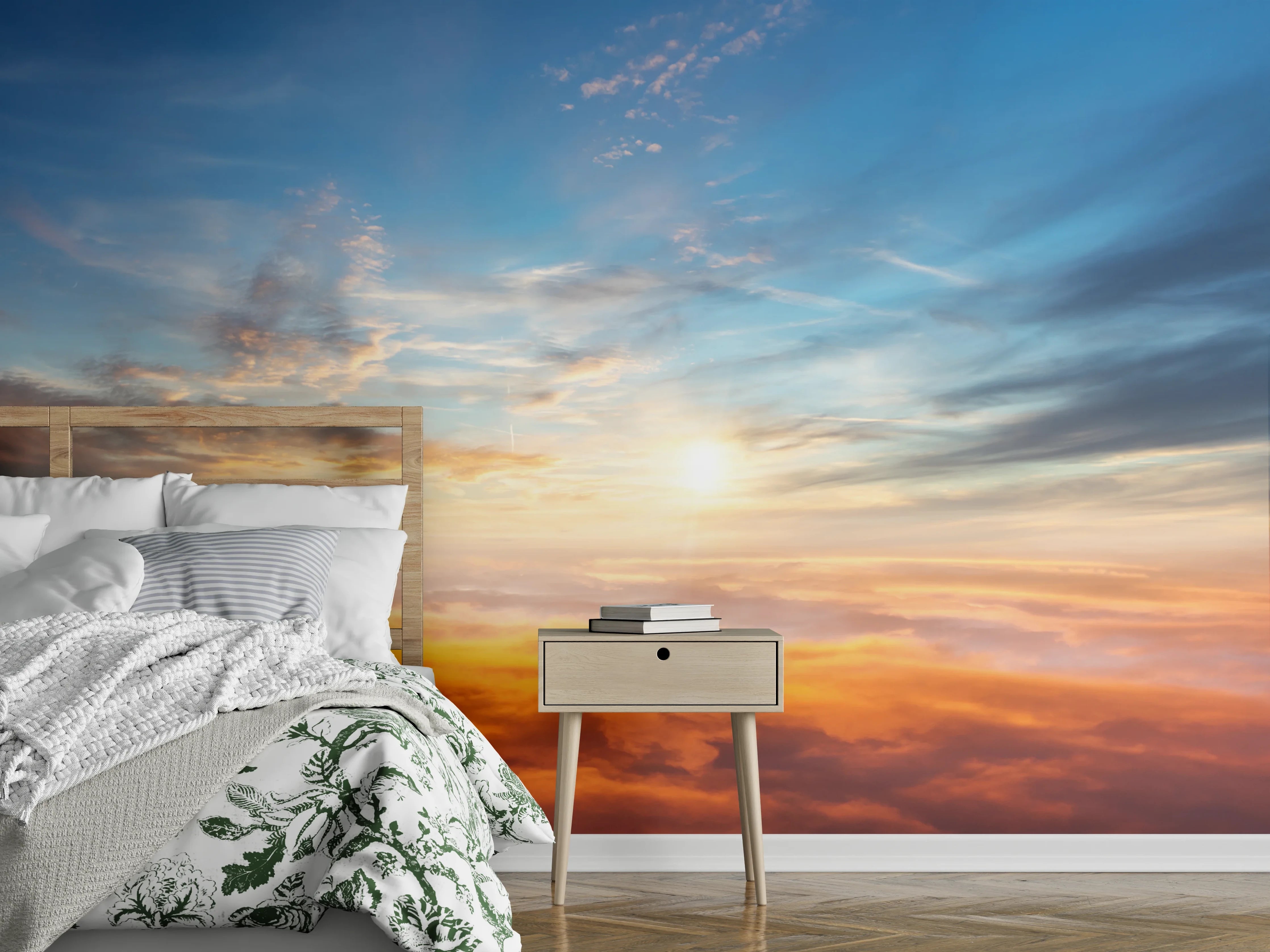 Wandverkleidung Schlafzimmer - Leuchtender Sonnenaufgang über Wolken