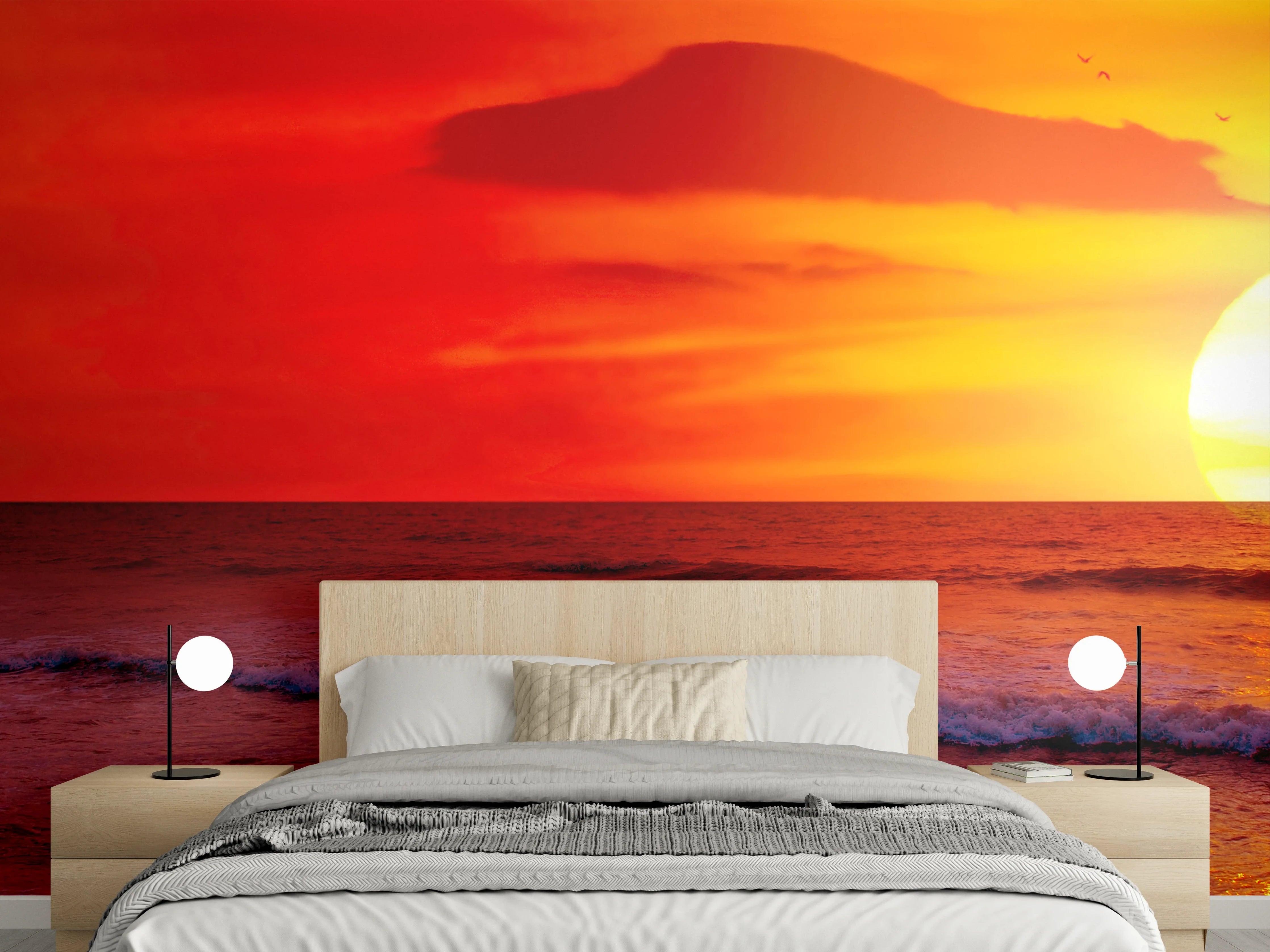 Wandverkleidung Schlafzimmer - Leuchtender Sonnenuntergang am Meer