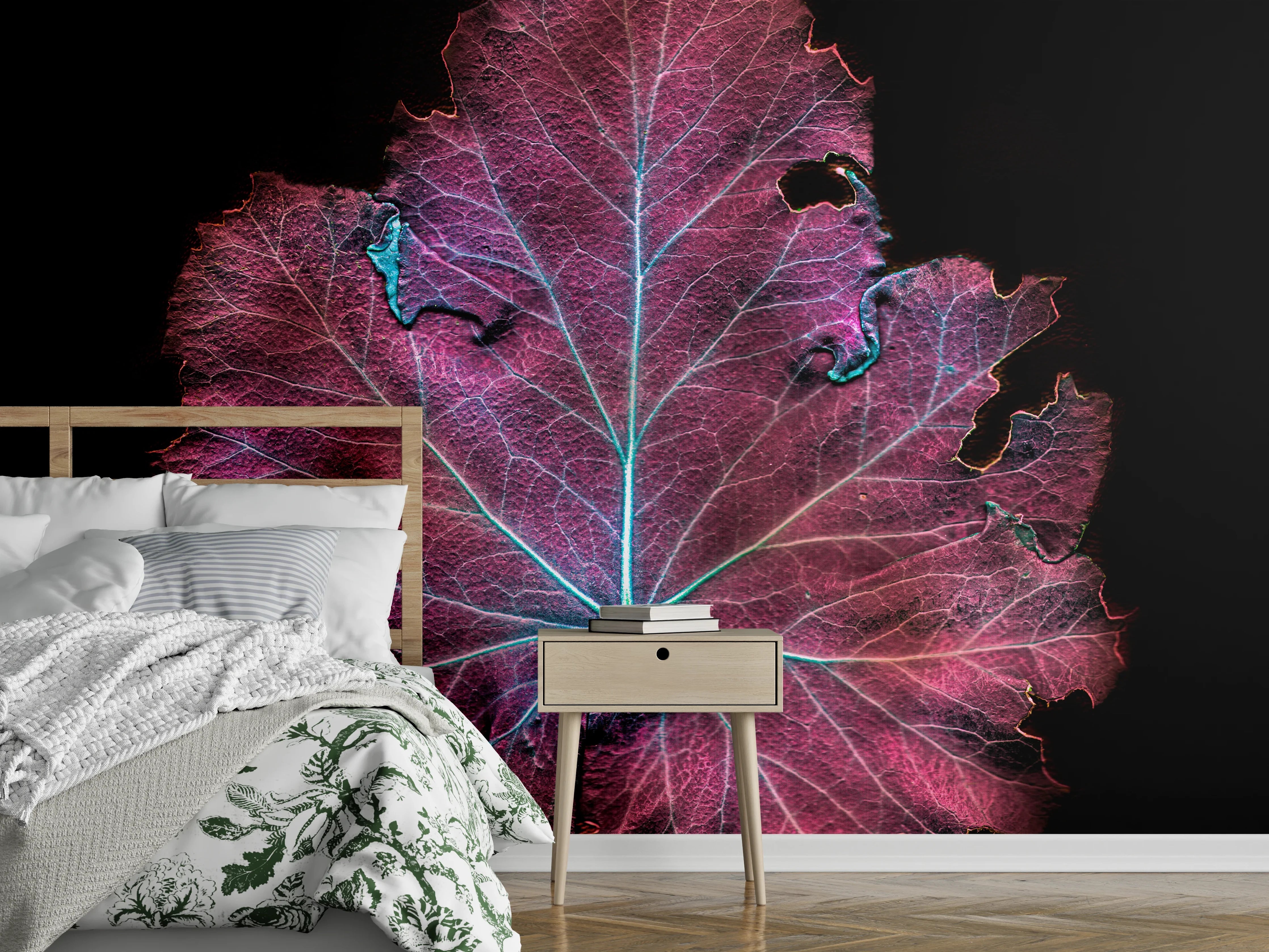 Wandverkleidung Schlafzimmer - Leuchtendes Blatt in Nahaufnahme