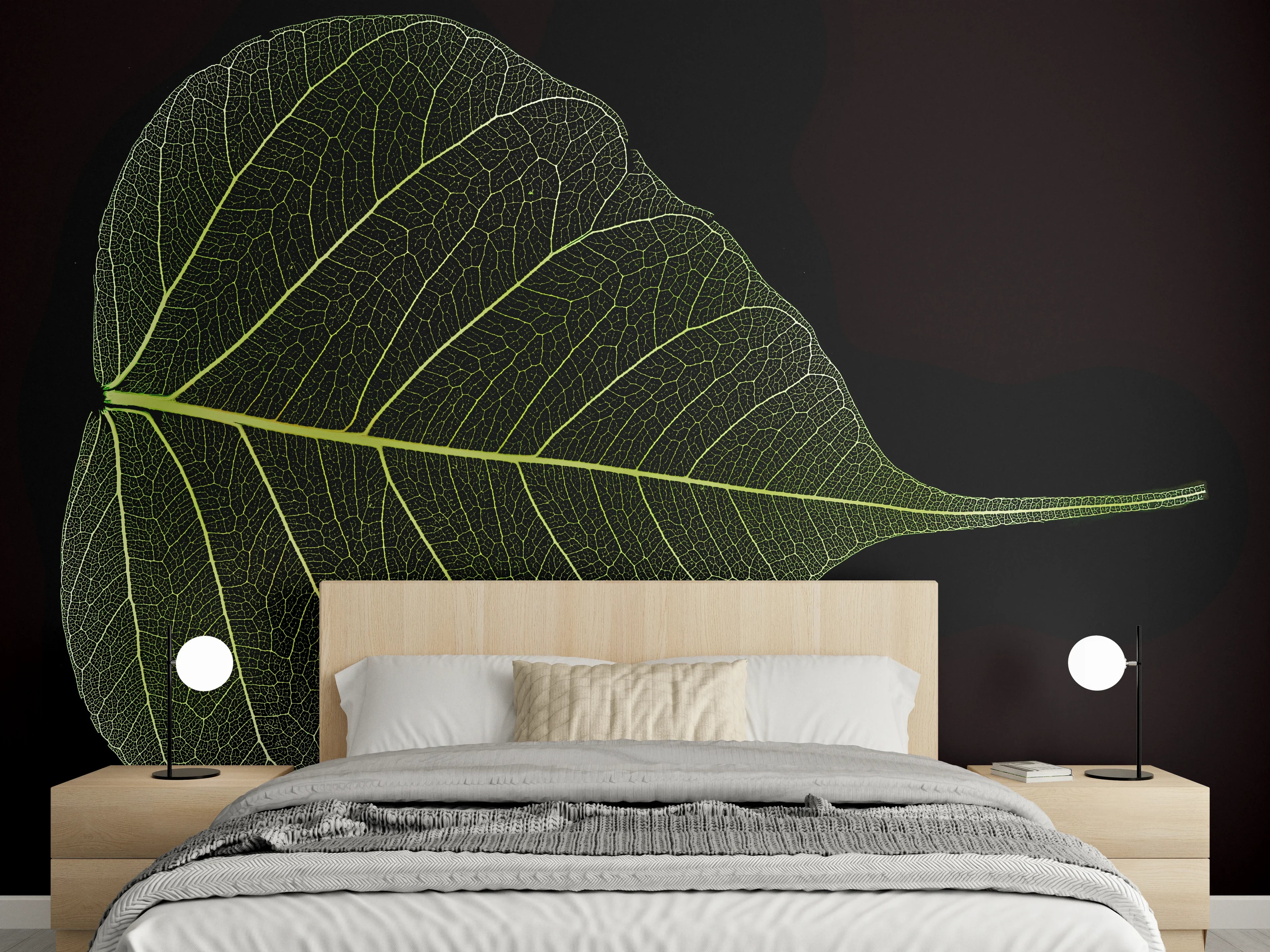 Wandverkleidung Schlafzimmer - Leuchtendes Blatt mit grüner Struktur