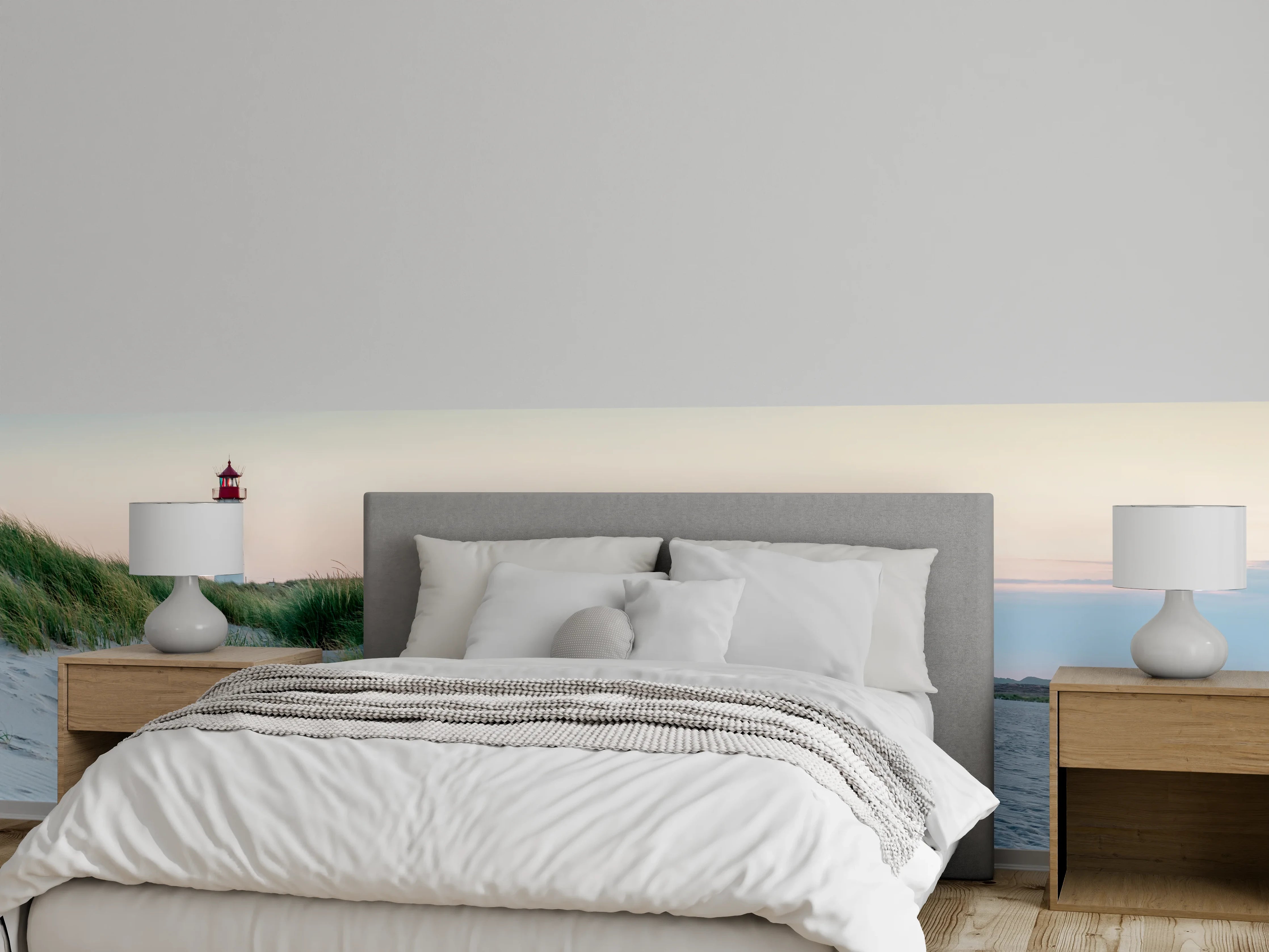 Wandverkleidung Schlafzimmer - Leuchtturm am Sandstrand Panorama