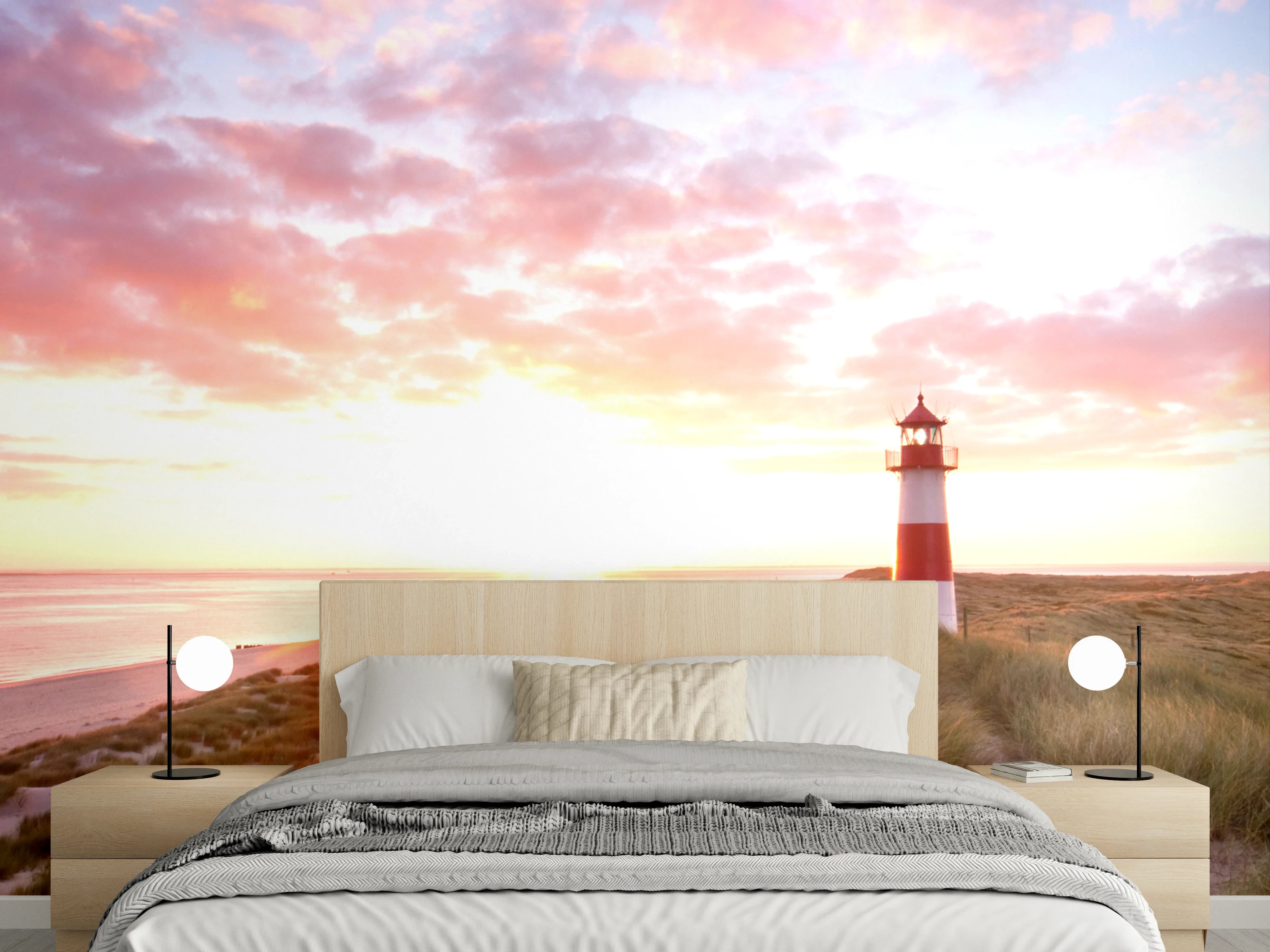 Wandverkleidung Schlafzimmer - Leuchtturm am Strand Sonnenuntergang