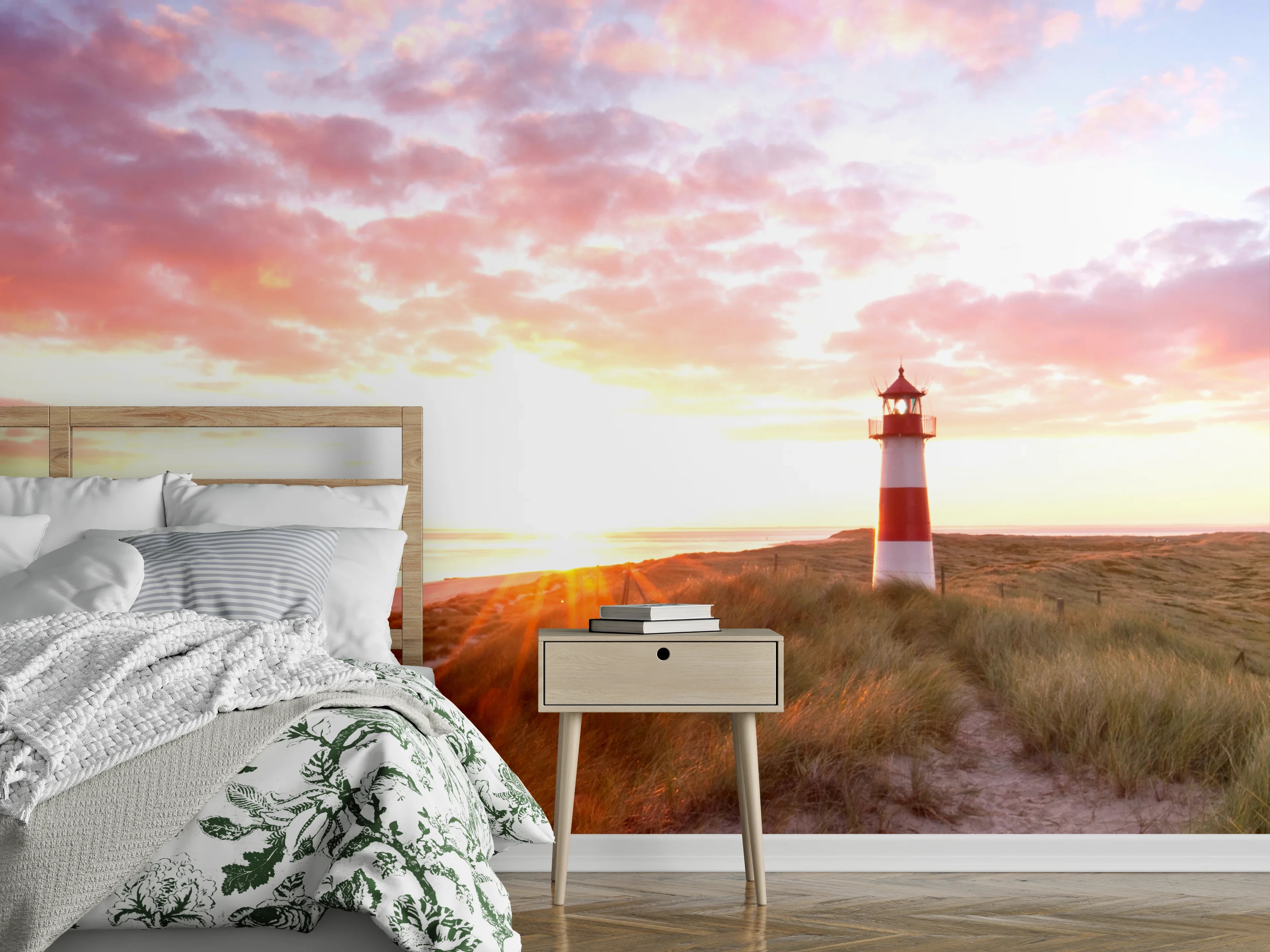 Wandverkleidung Schlafzimmer - Leuchtturm am Strand Sonnenuntergang