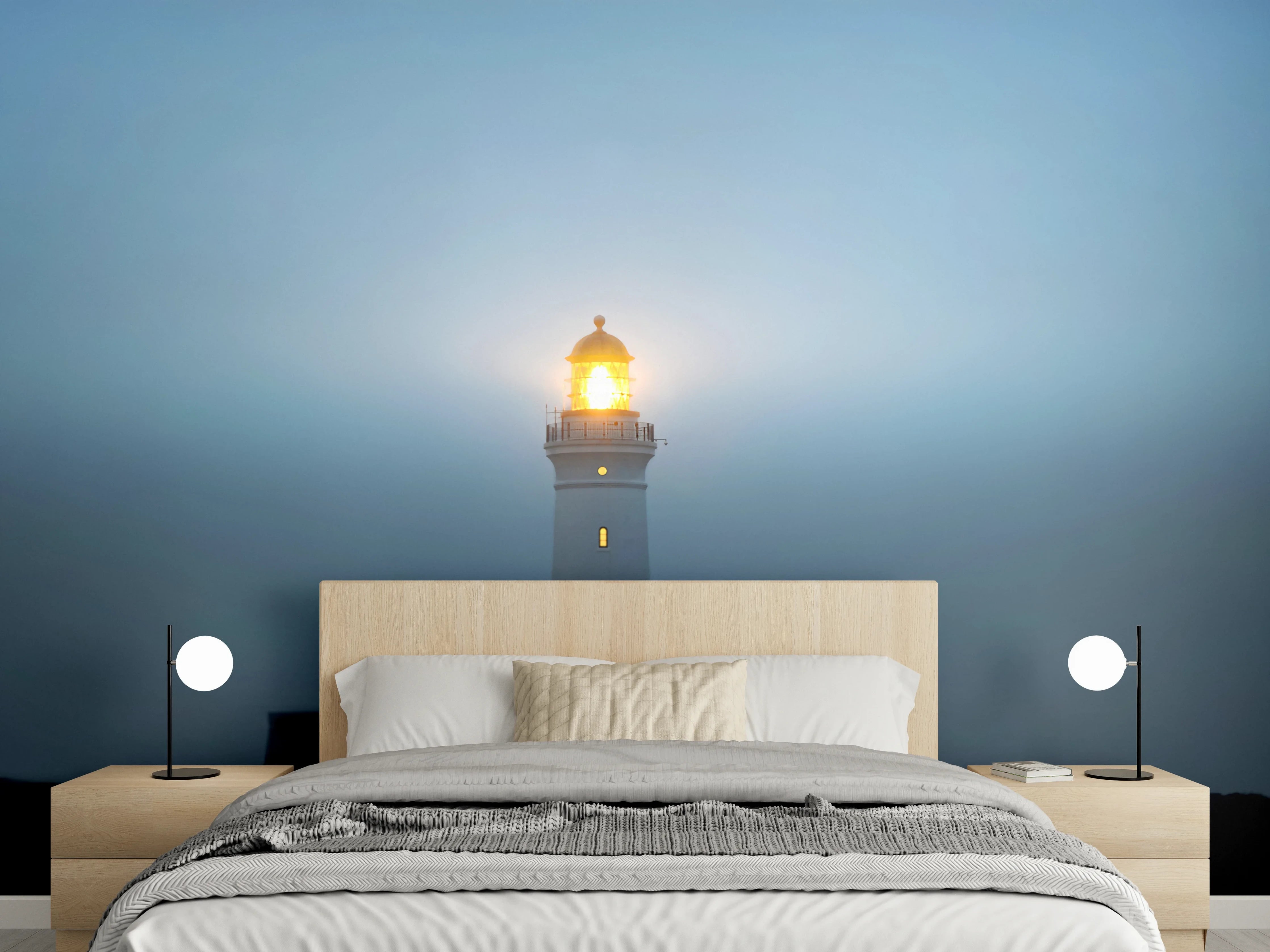 Wandverkleidung Schlafzimmer - Leuchtturm bei Nacht am Meer