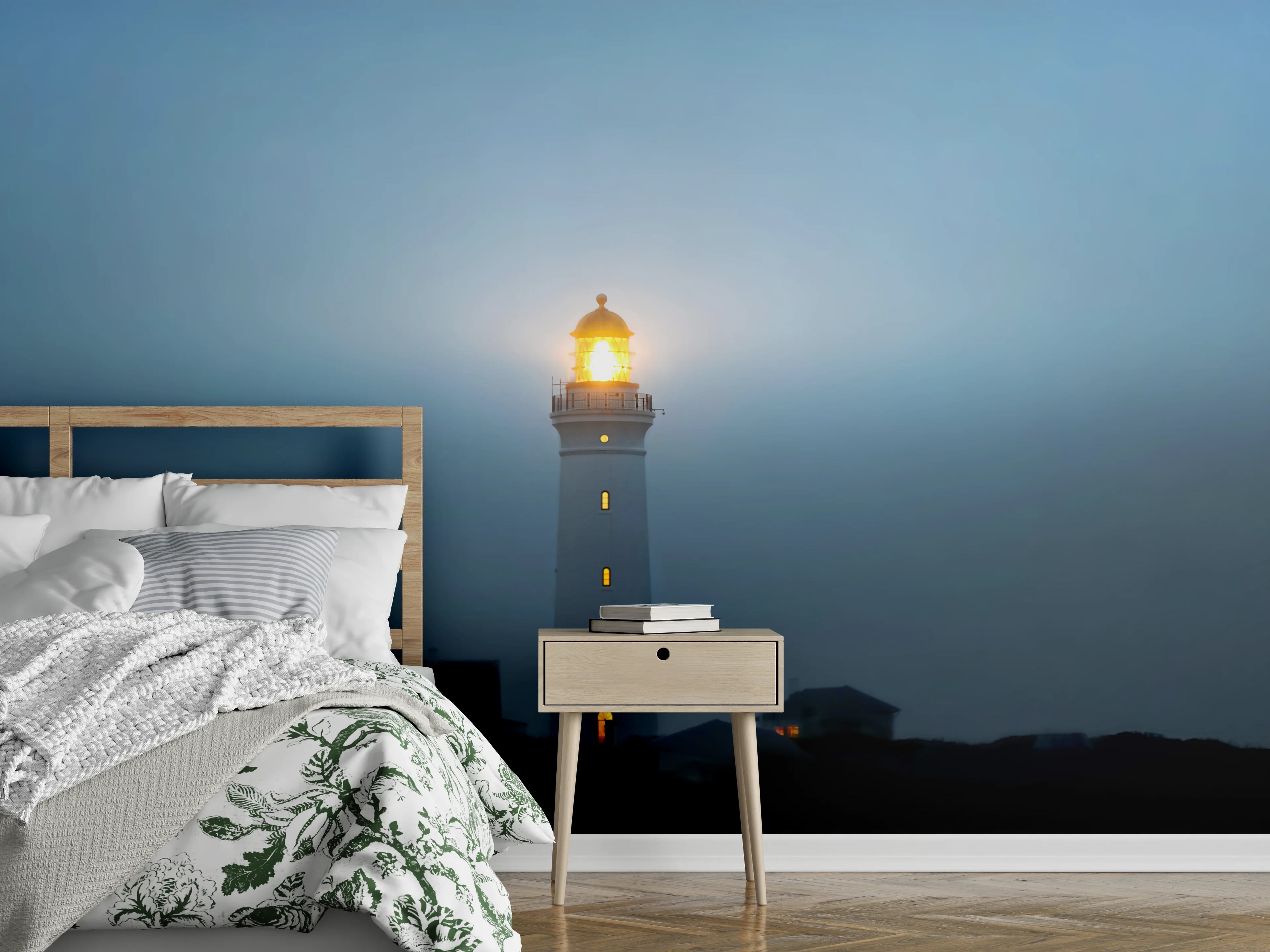 Wandverkleidung Schlafzimmer - Leuchtturm bei Nacht am Meer