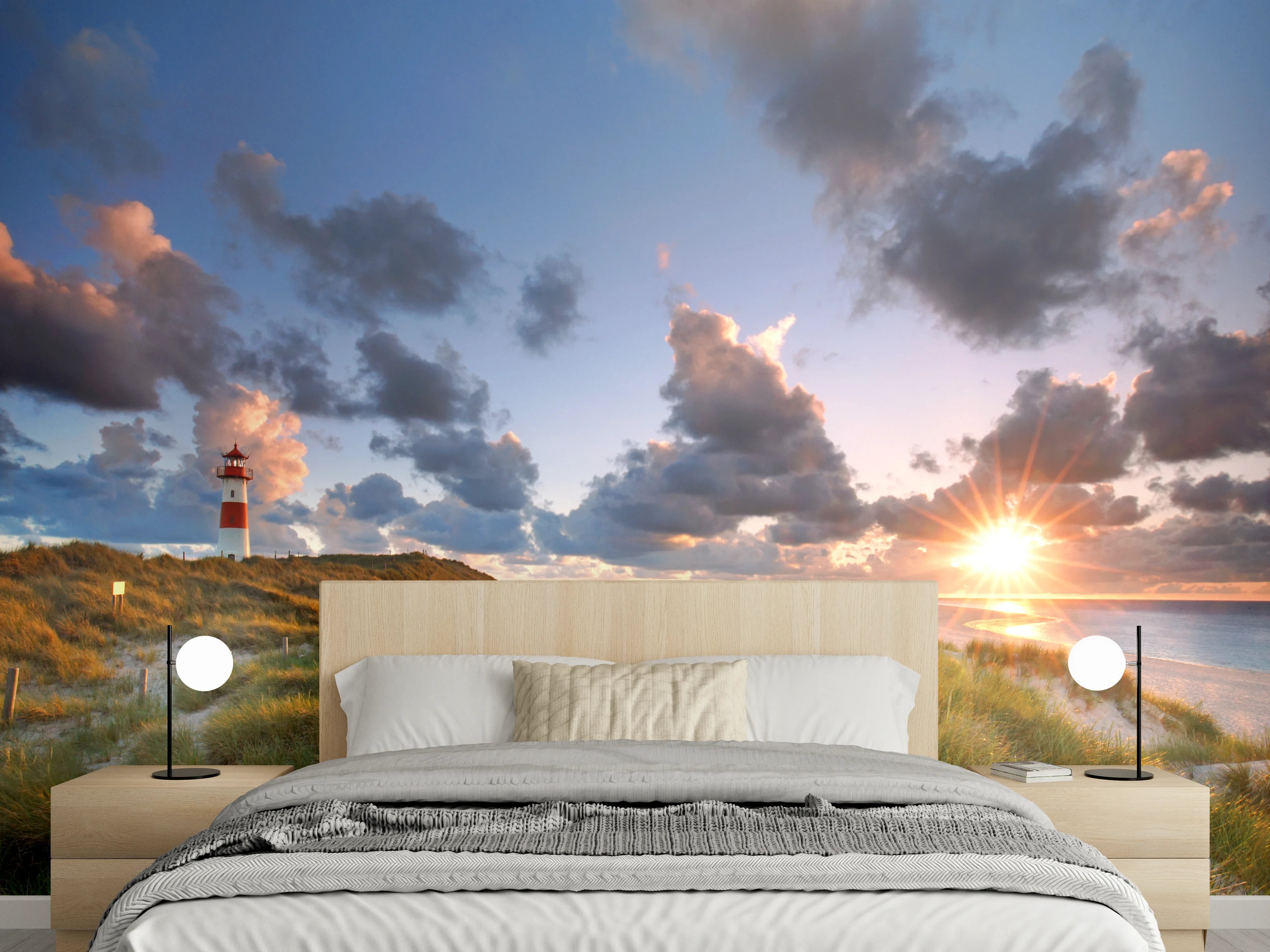 Wandverkleidung Schlafzimmer - Leuchtturm in Dünen bei Sonnenuntergang