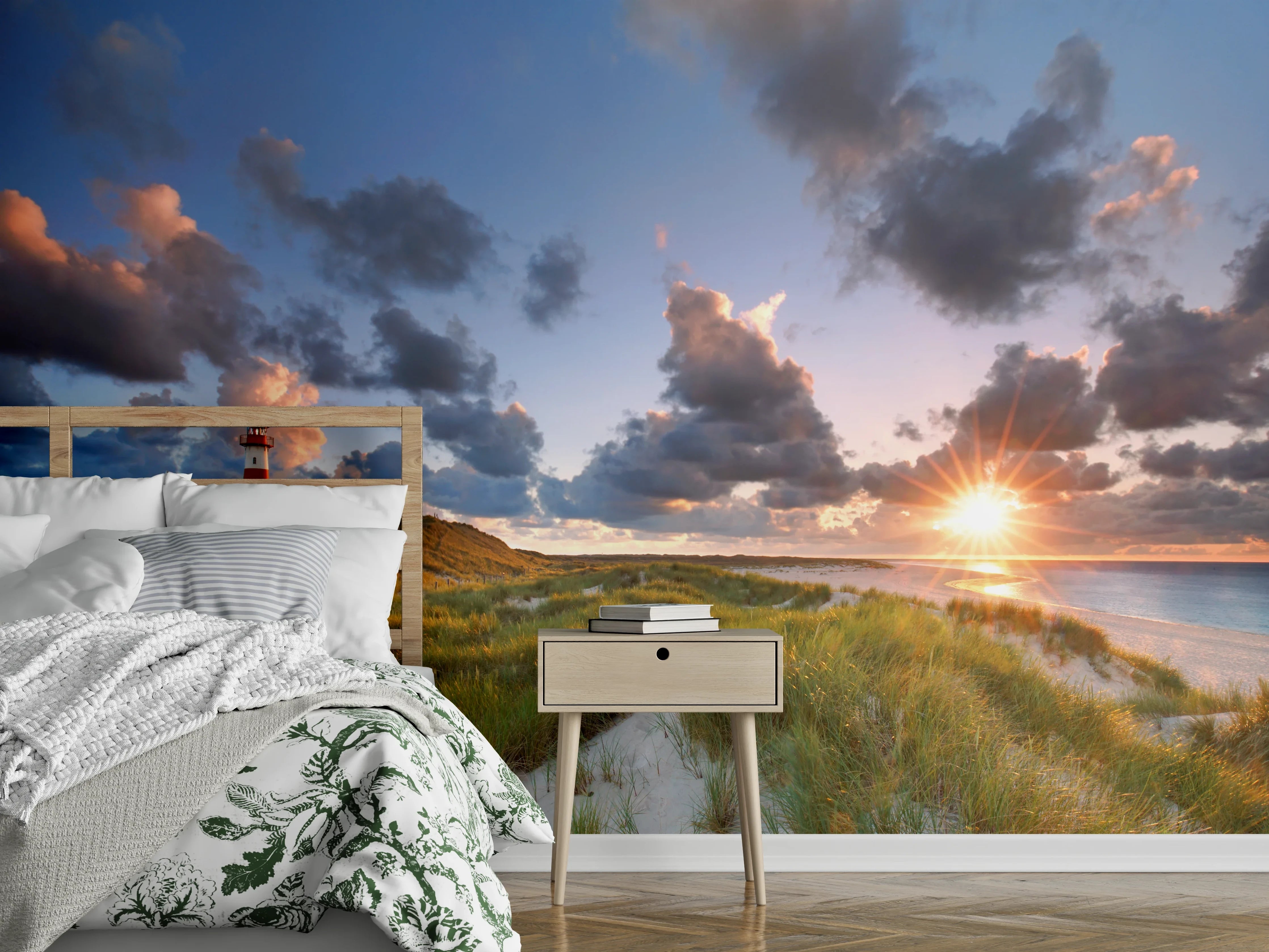 Wandverkleidung Schlafzimmer - Leuchtturm in Dünen bei Sonnenuntergang