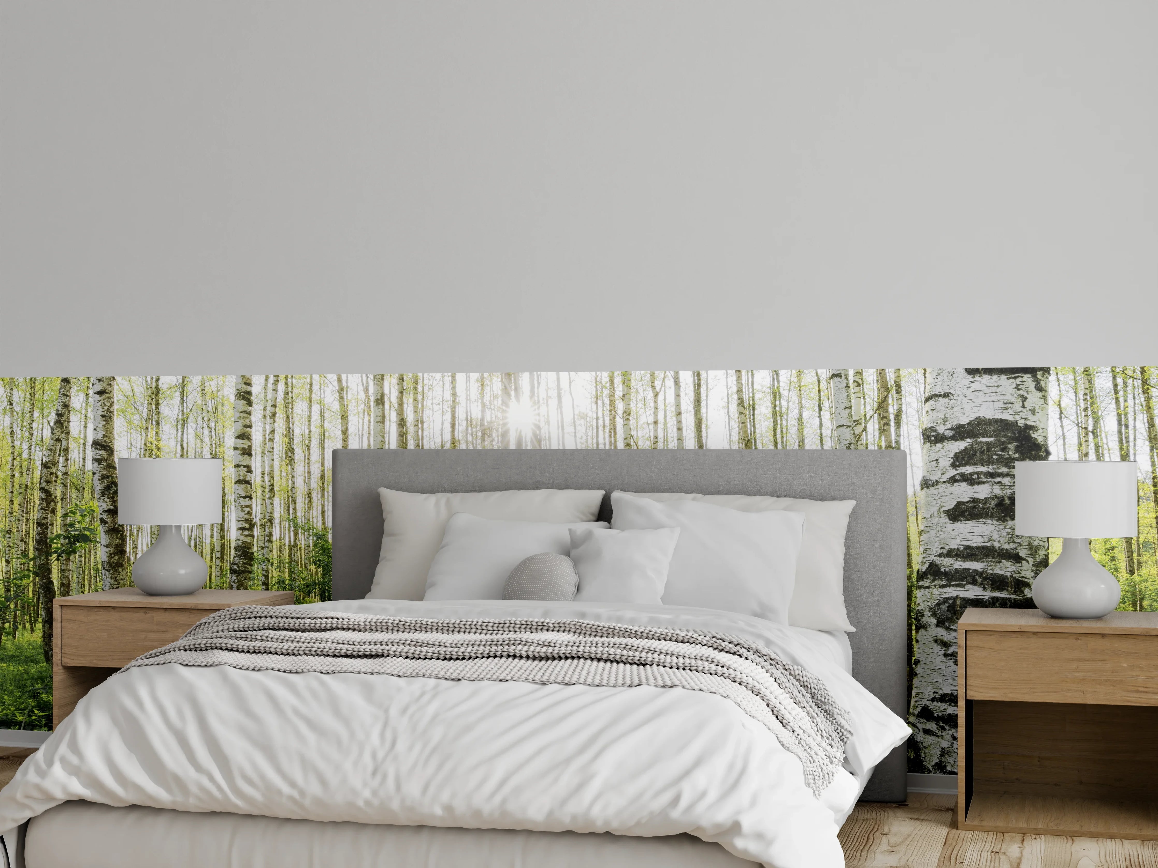 Wandverkleidung Schlafzimmer - Lichtdurchfluteter Birkenwald Fototapete