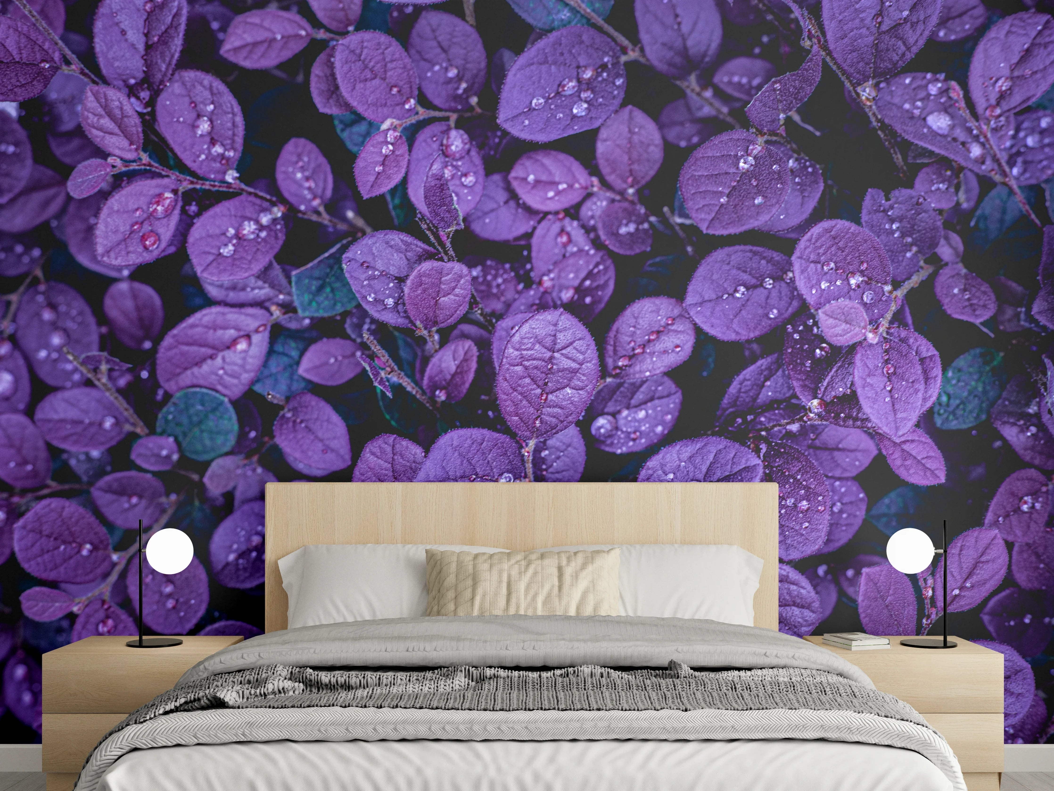 Wandverkleidung Schlafzimmer - Lila Blätter mit Tautropfen Motiv