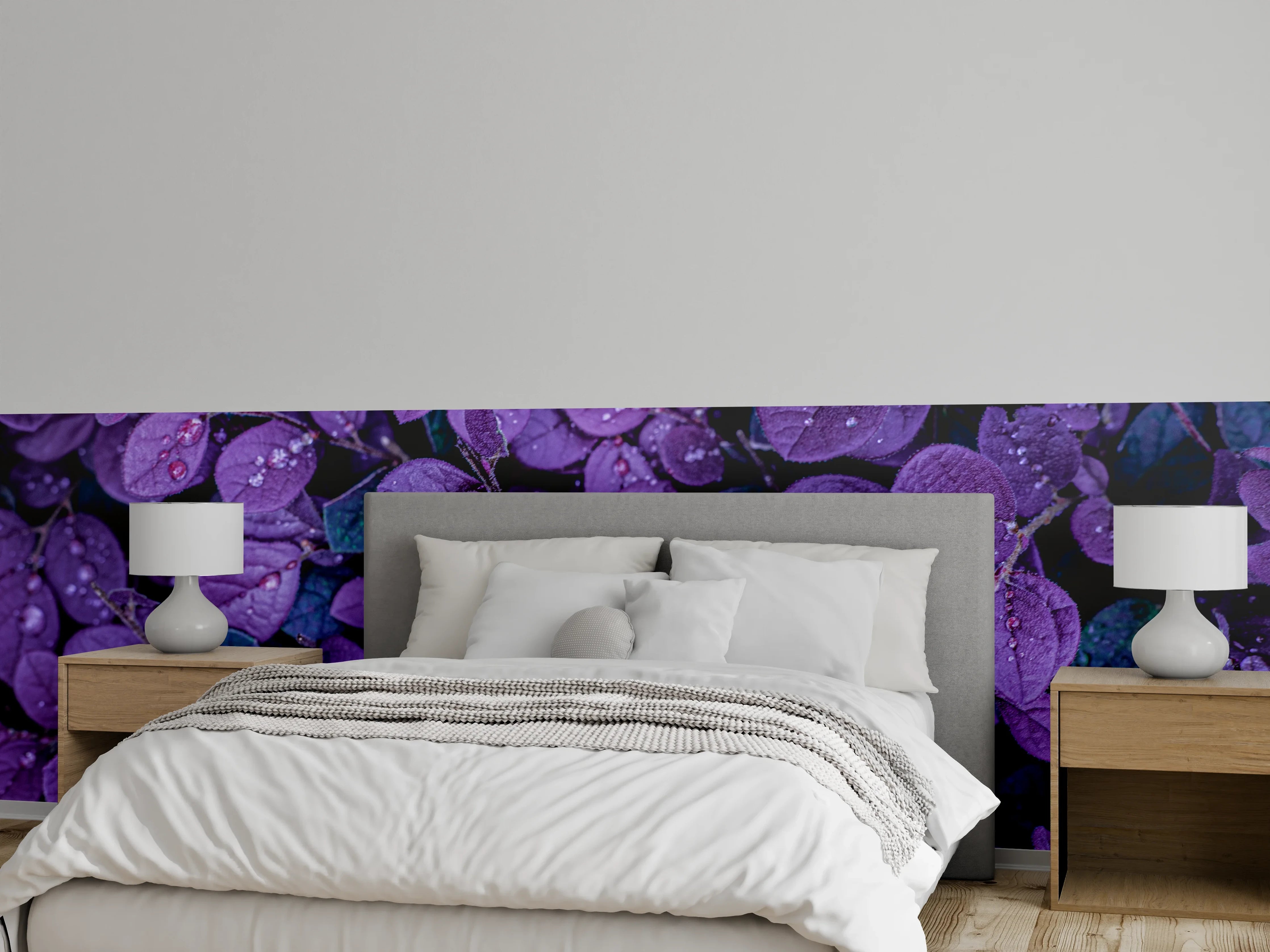 Wandverkleidung Schlafzimmer - Lila Blätter mit Tautropfen Motiv