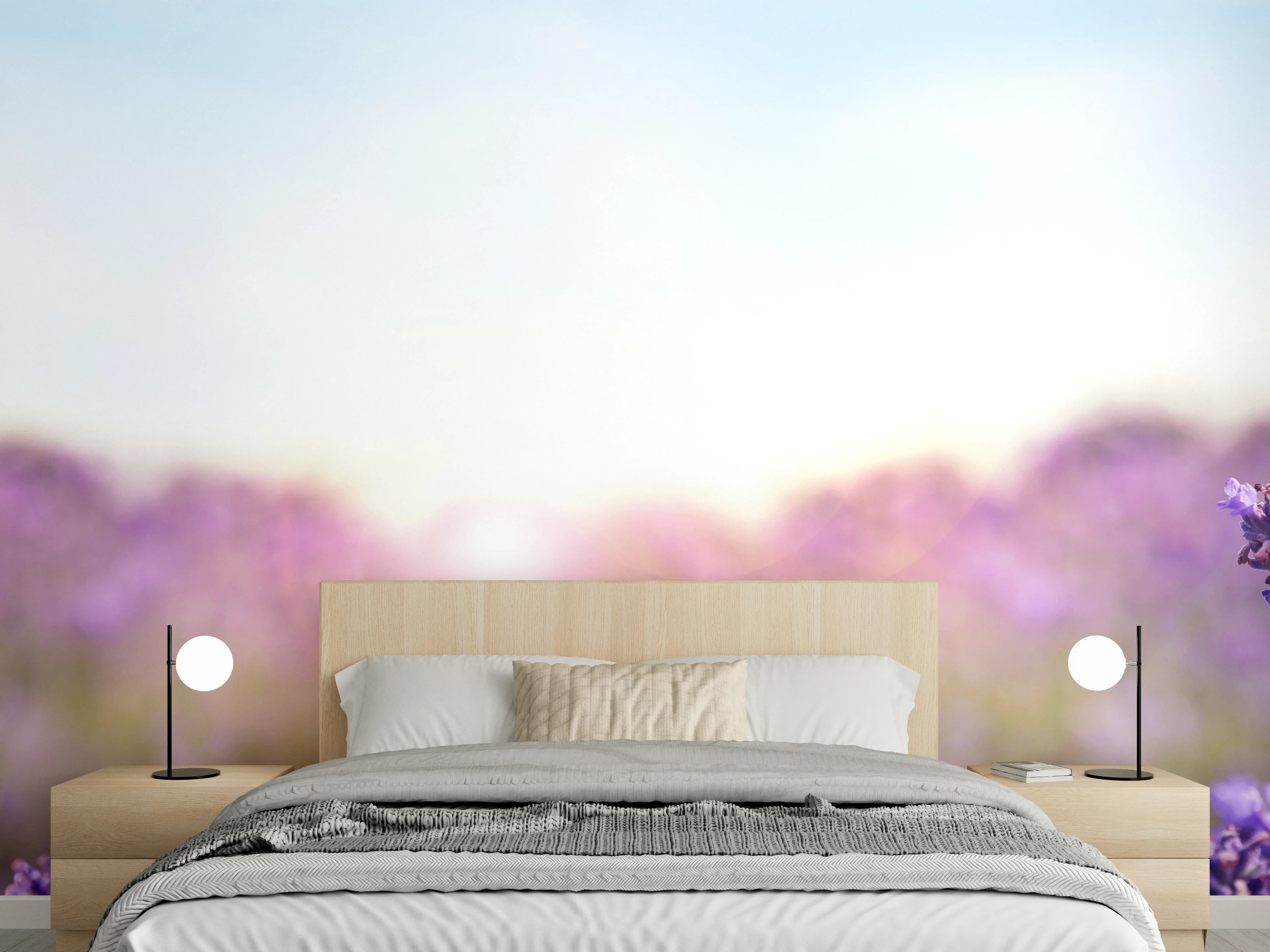 Wandverkleidung Schlafzimmer - Lila Lavendelfeld im Morgenlicht
