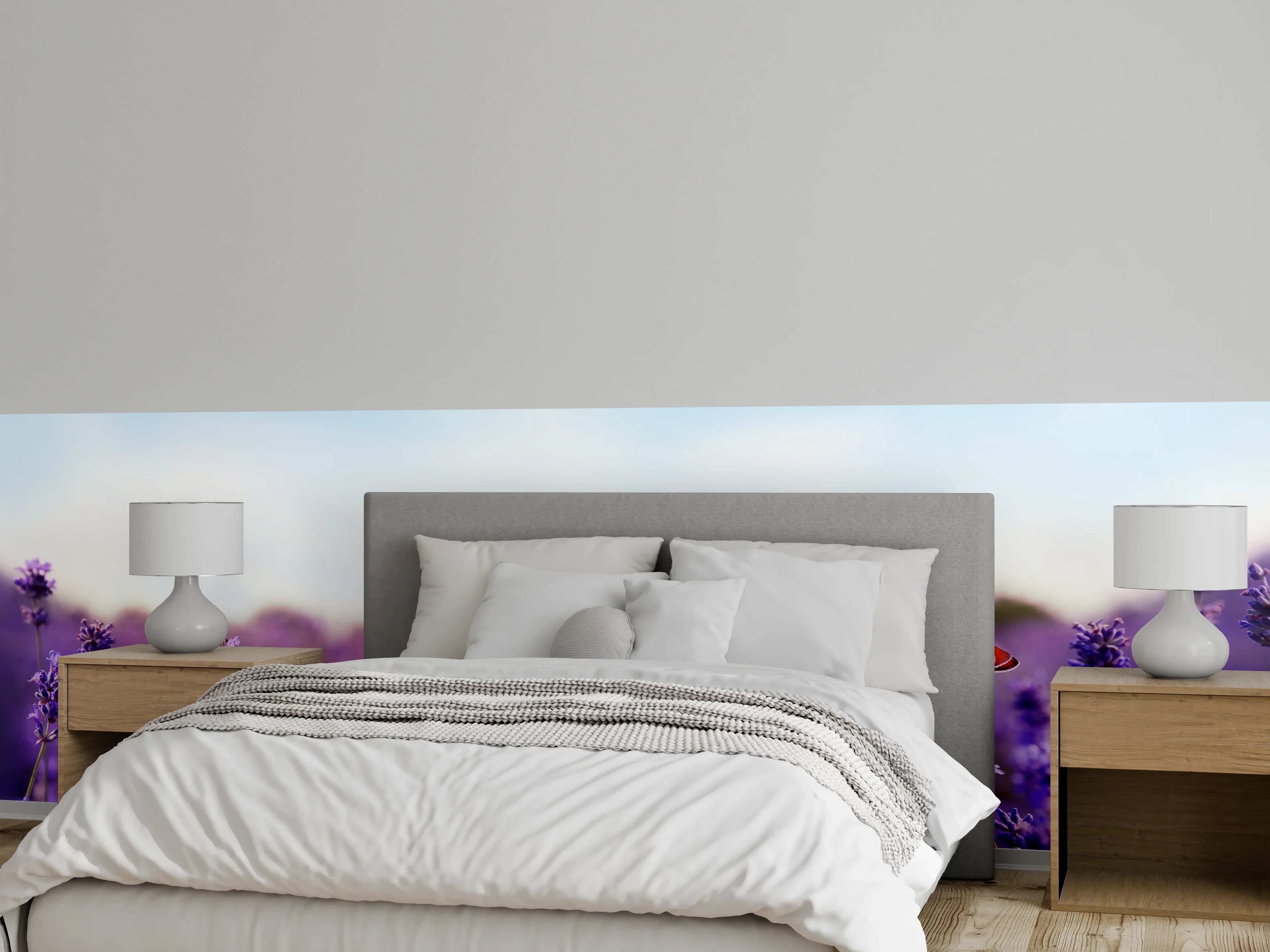Wandverkleidung Schlafzimmer - Lila Lavendelfeld im Morgenlicht