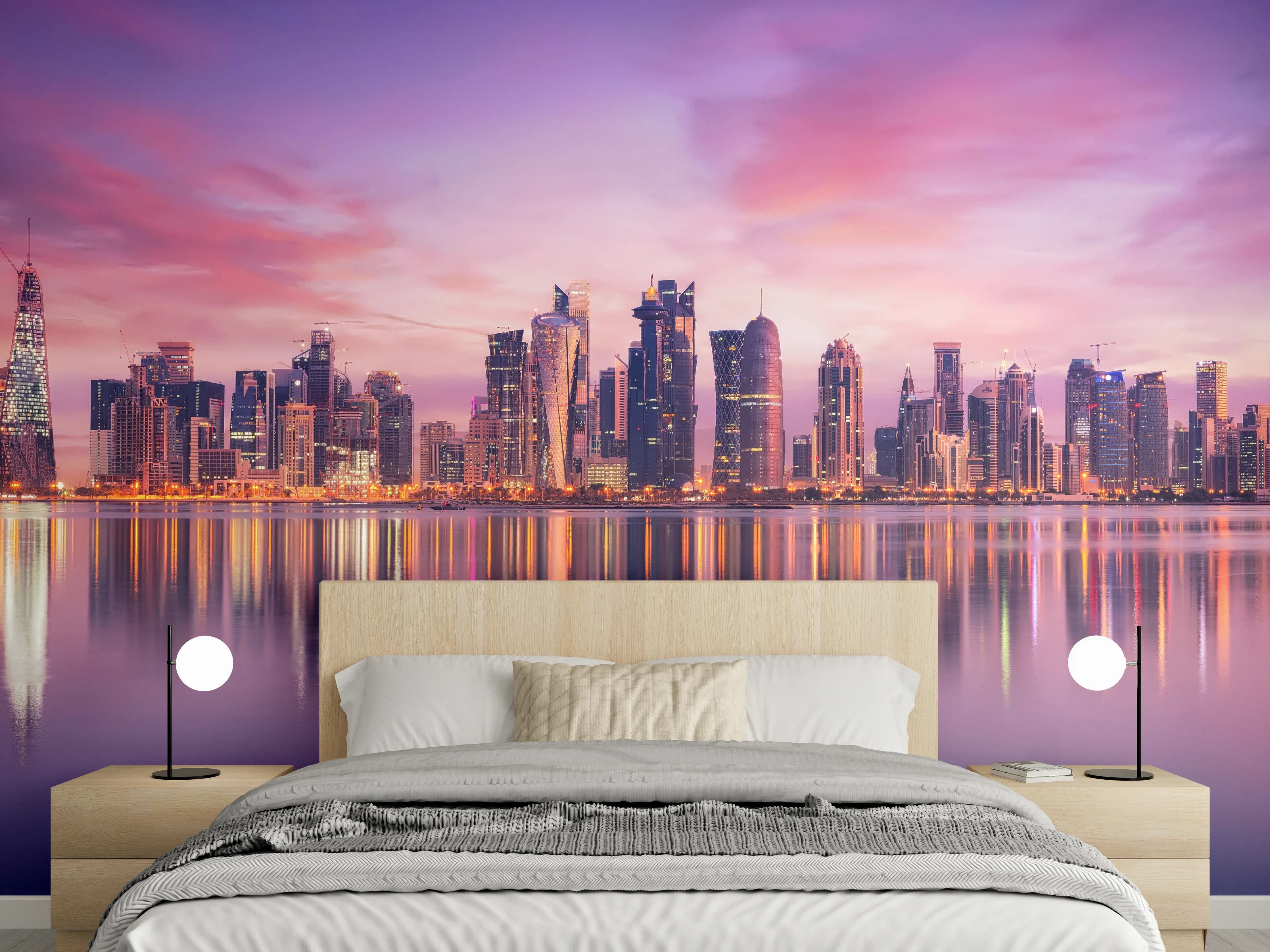 Wandverkleidung Schlafzimmer - Lila-Pink Skyline Panorama