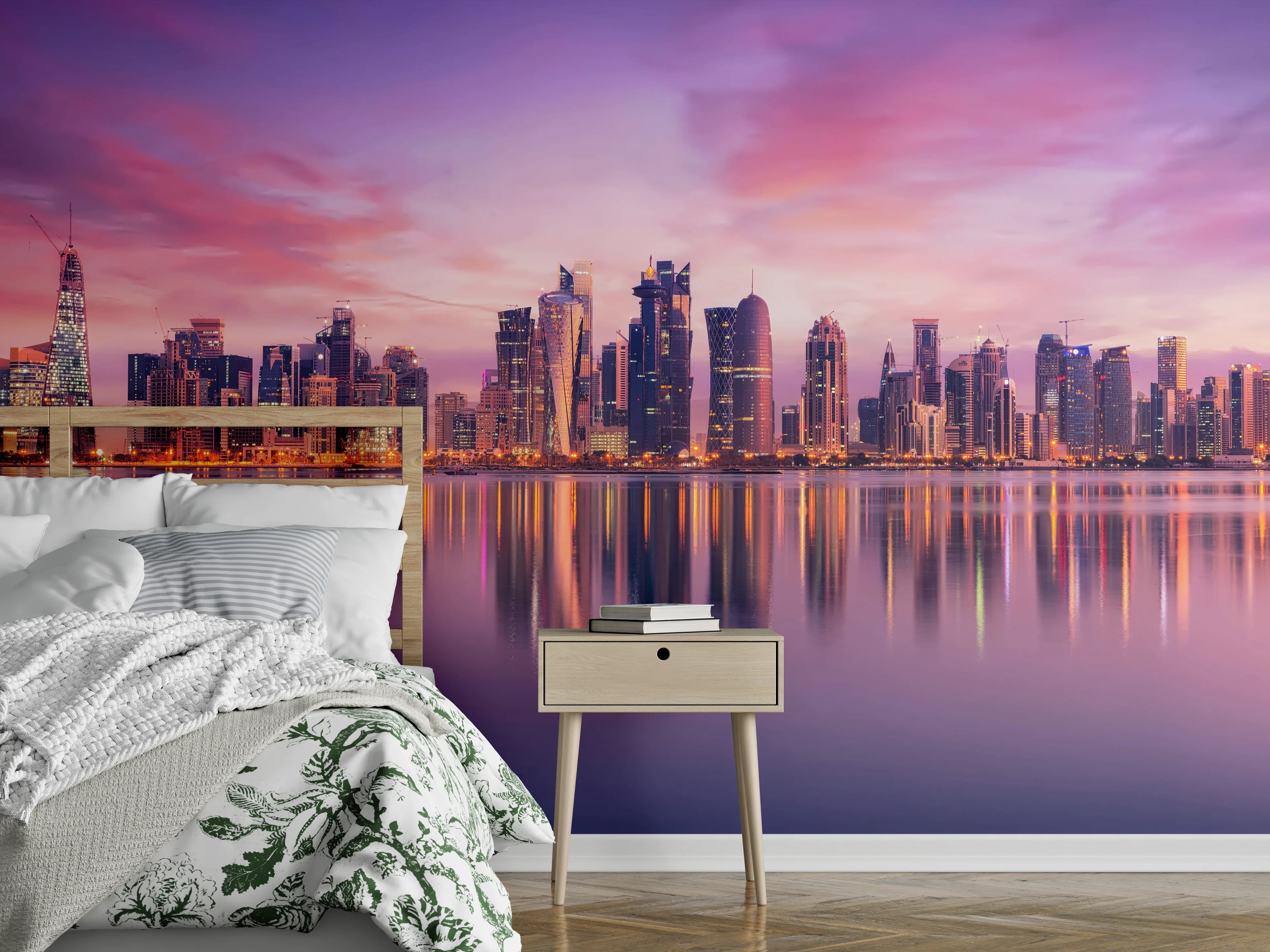 Wandverkleidung Schlafzimmer - Lila-Pink Skyline Panorama