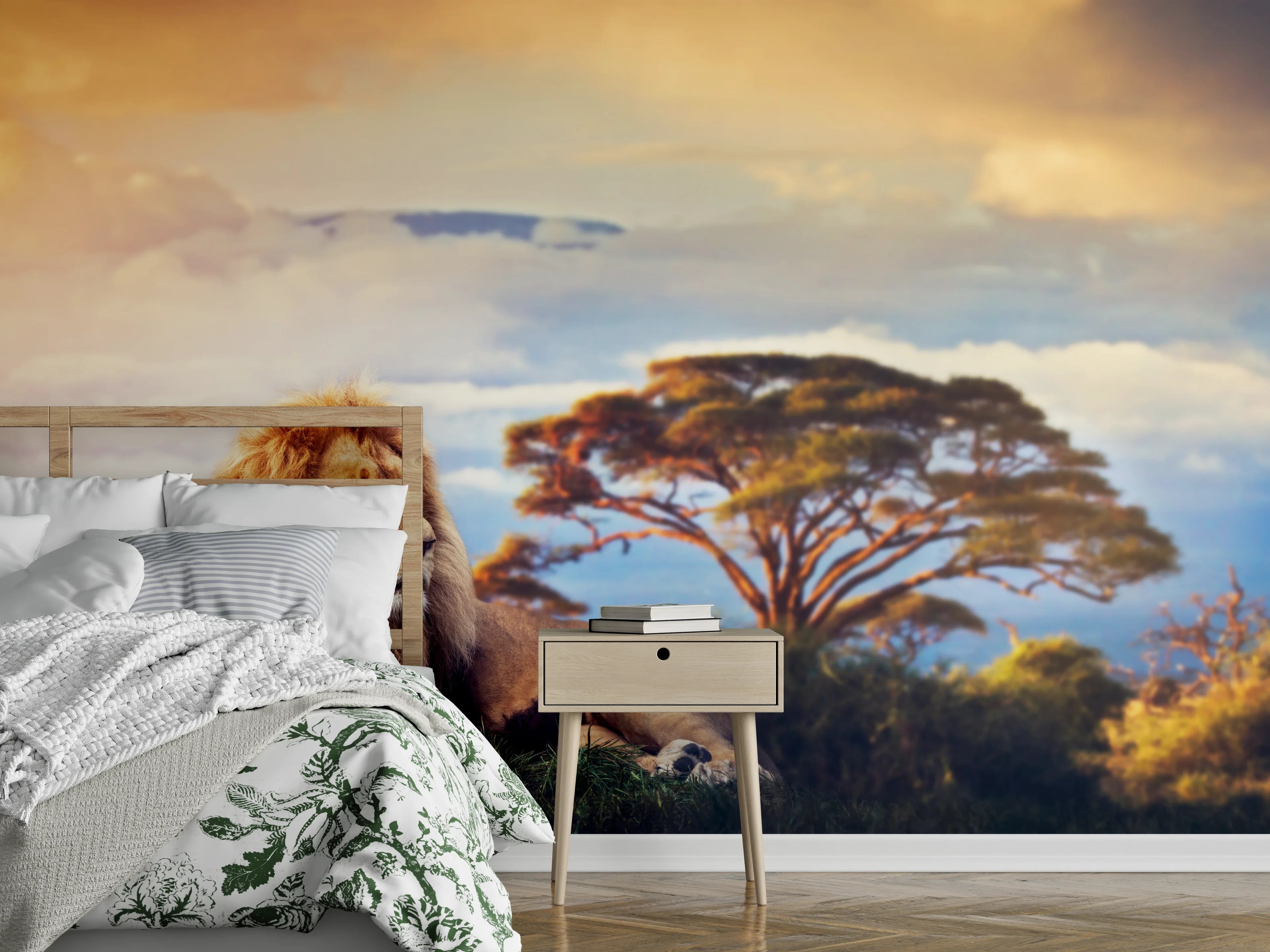 Wandverkleidung Schlafzimmer - Löwe bei Sonnenuntergang