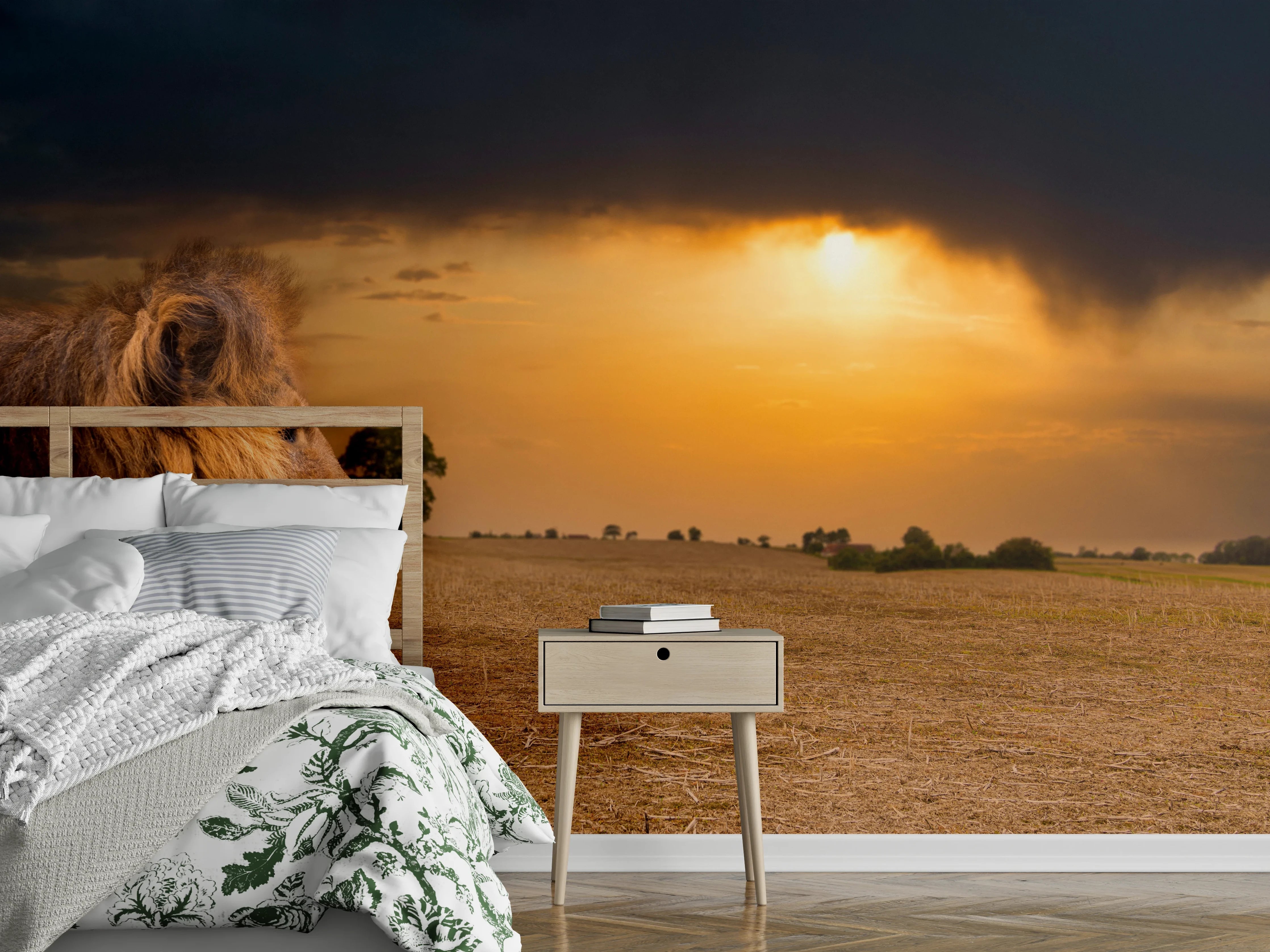 Wandverkleidung Schlafzimmer - Löwe in Steppe im Sonnenuntergang