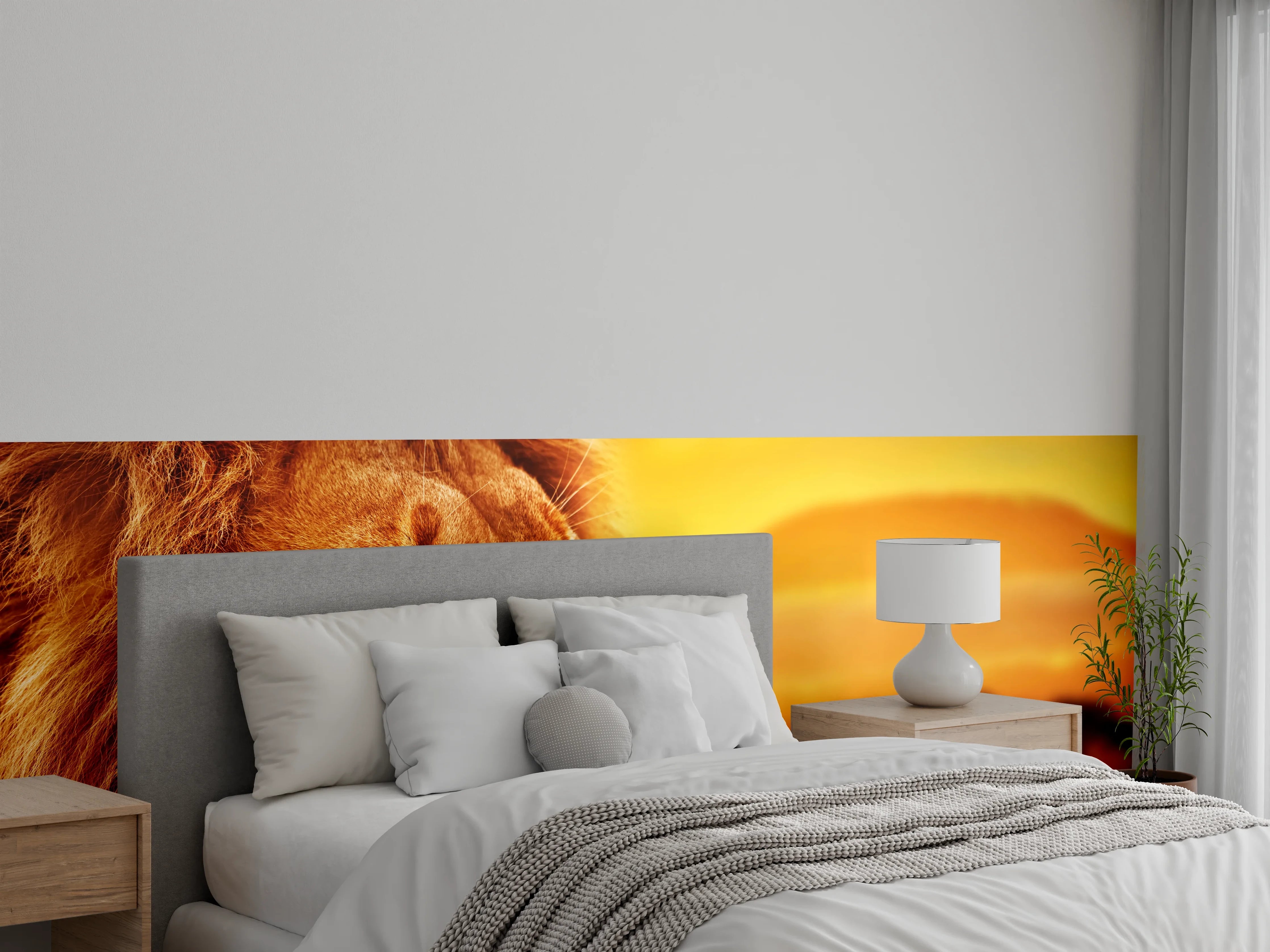 Wandverkleidung Schlafzimmer - Löwenporträt in der Savanne