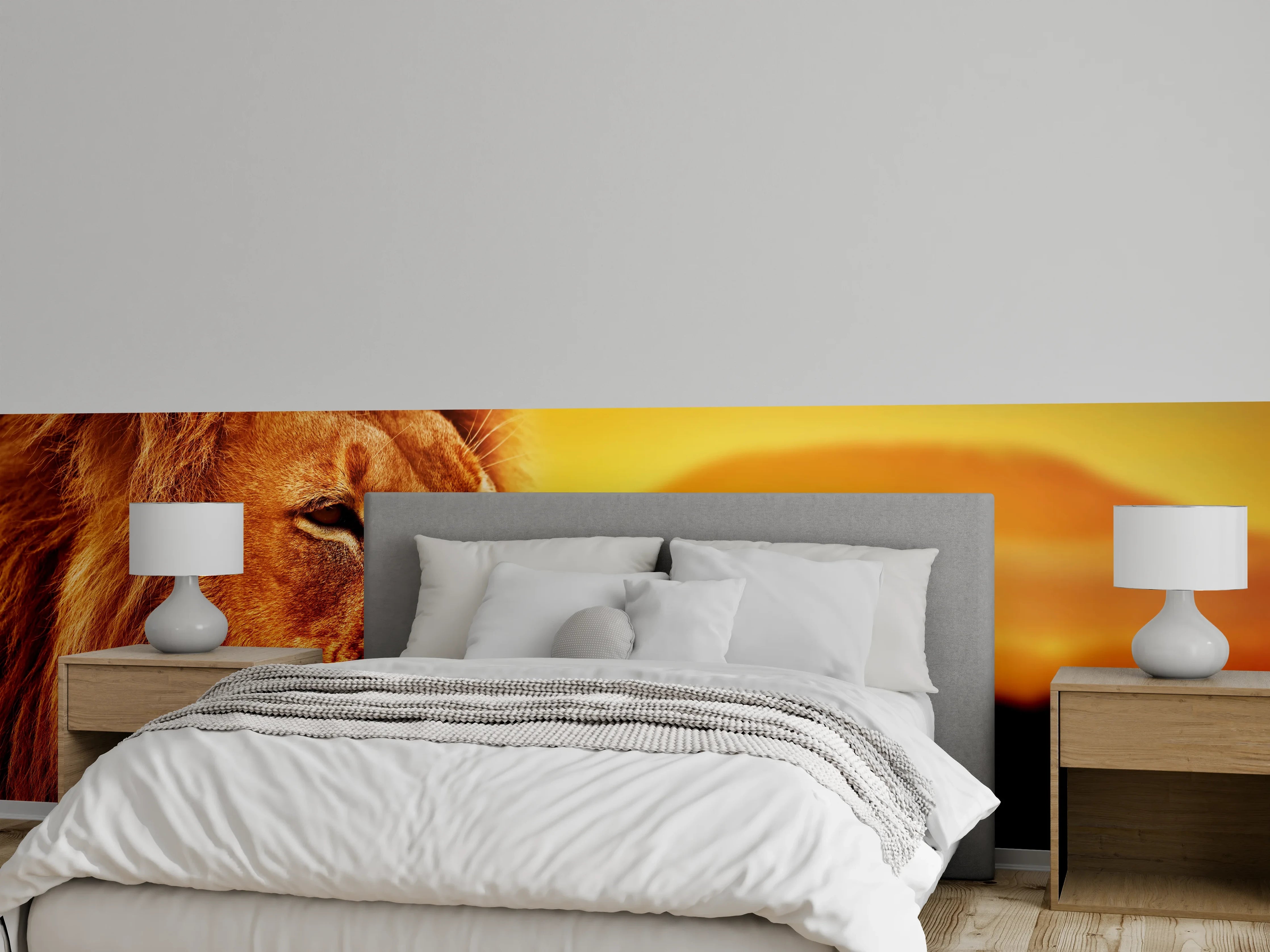 Wandverkleidung Schlafzimmer - Löwenporträt in der Savanne