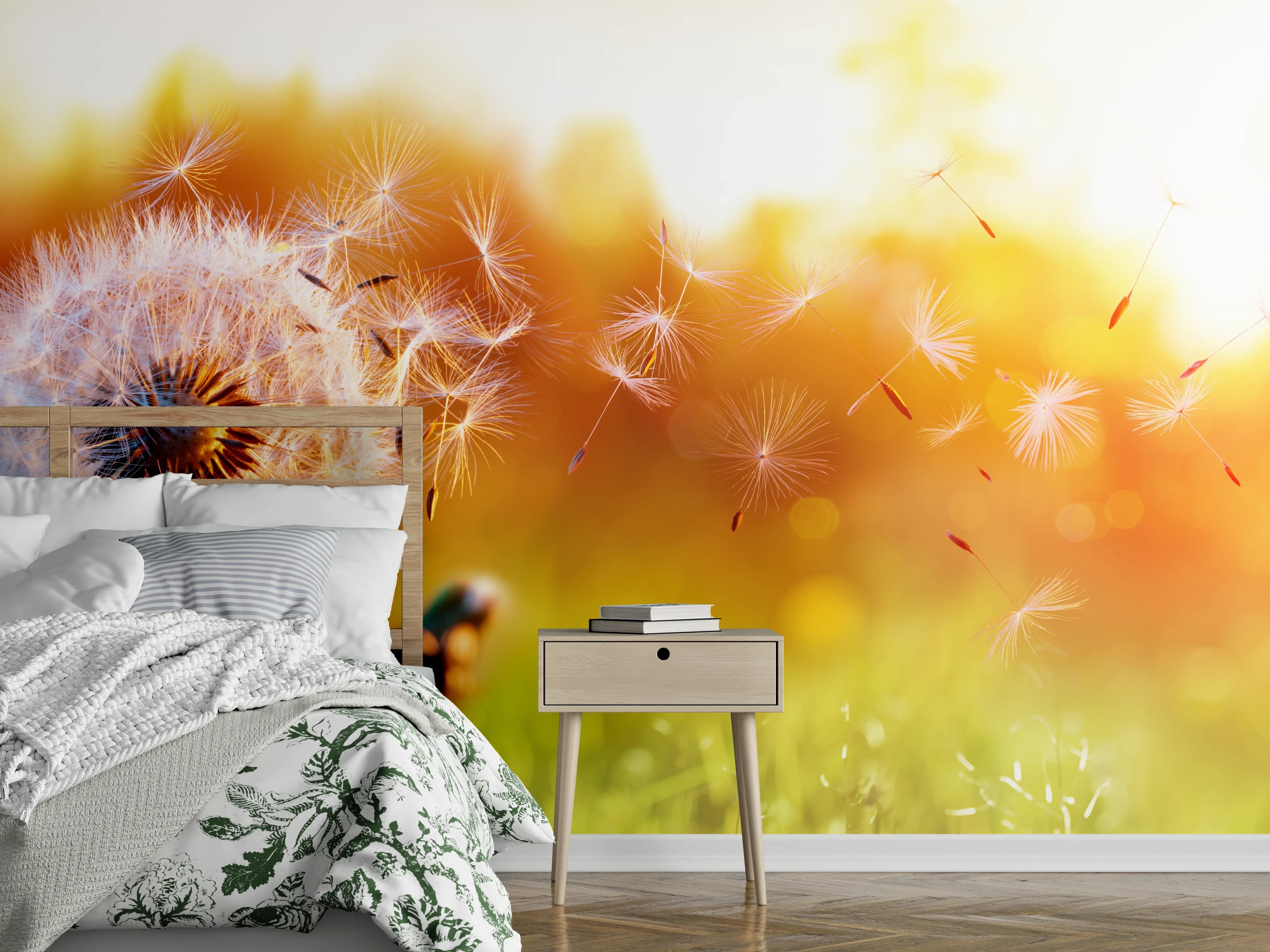 Wandverkleidung Schlafzimmer - Löwenzahn im Feld bei Sonnenuntergang
