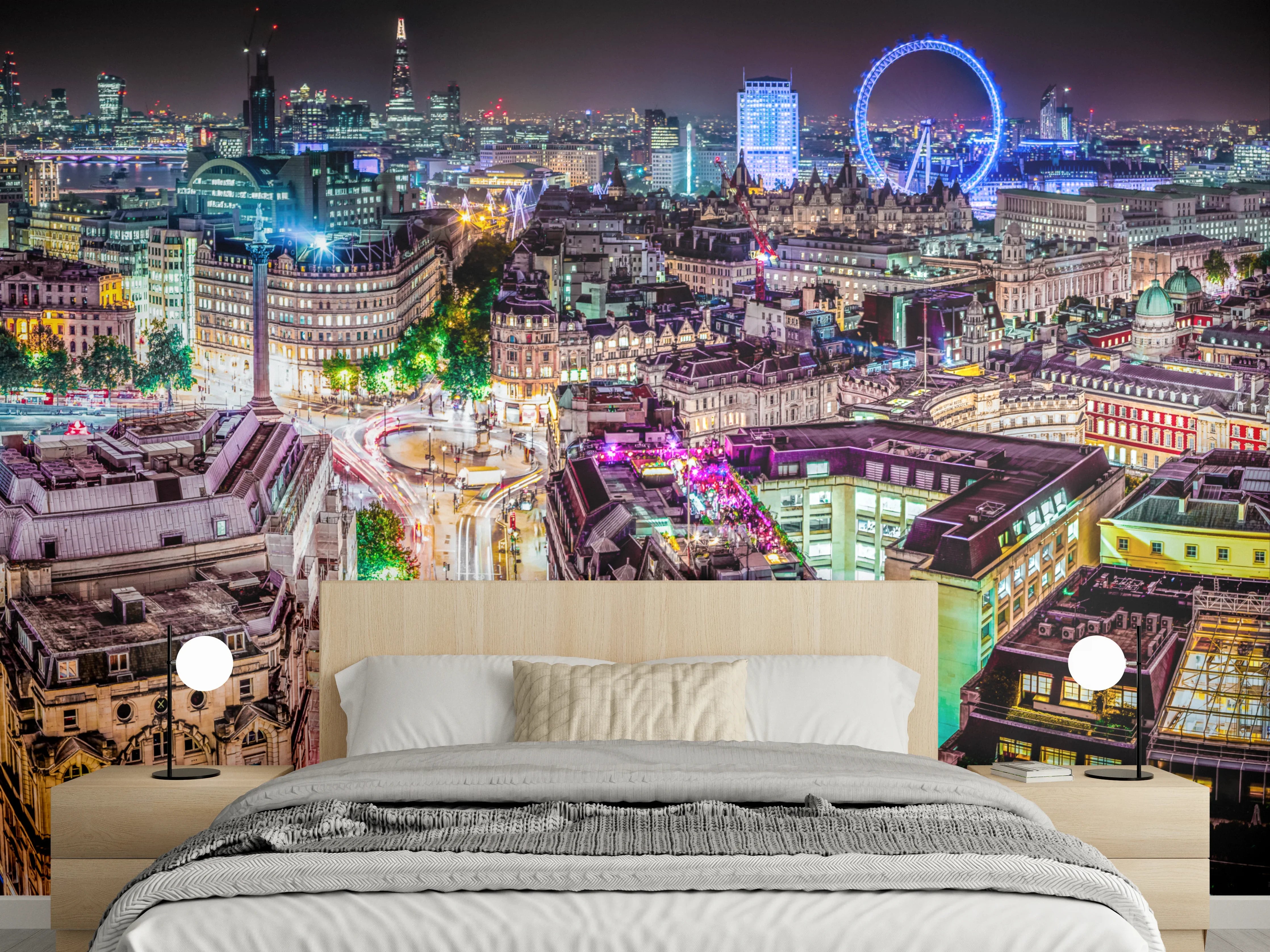Wandverkleidung Schlafzimmer - London Skyline bei Nacht Panorama