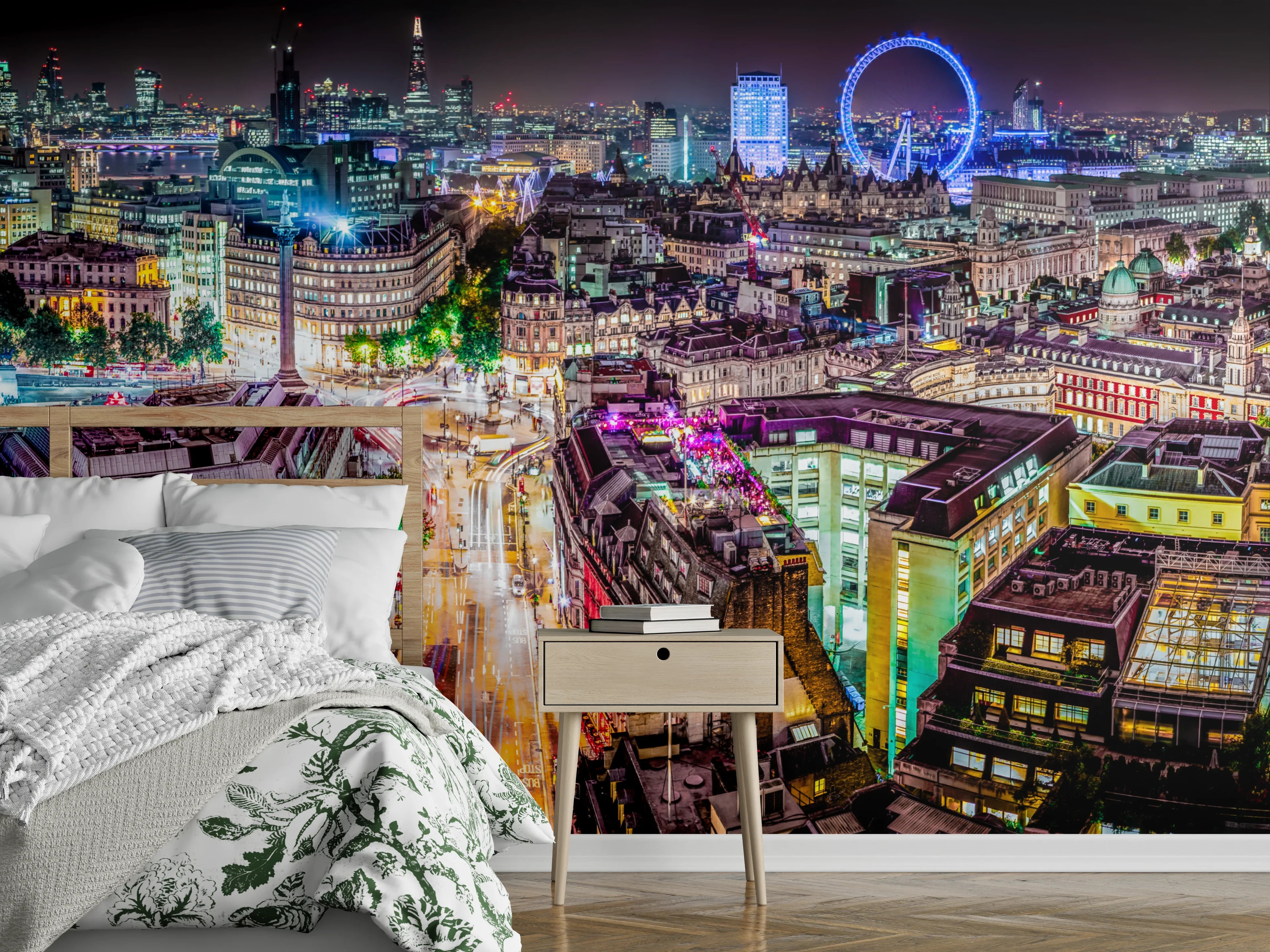 Wandverkleidung Schlafzimmer - London Skyline bei Nacht Panorama