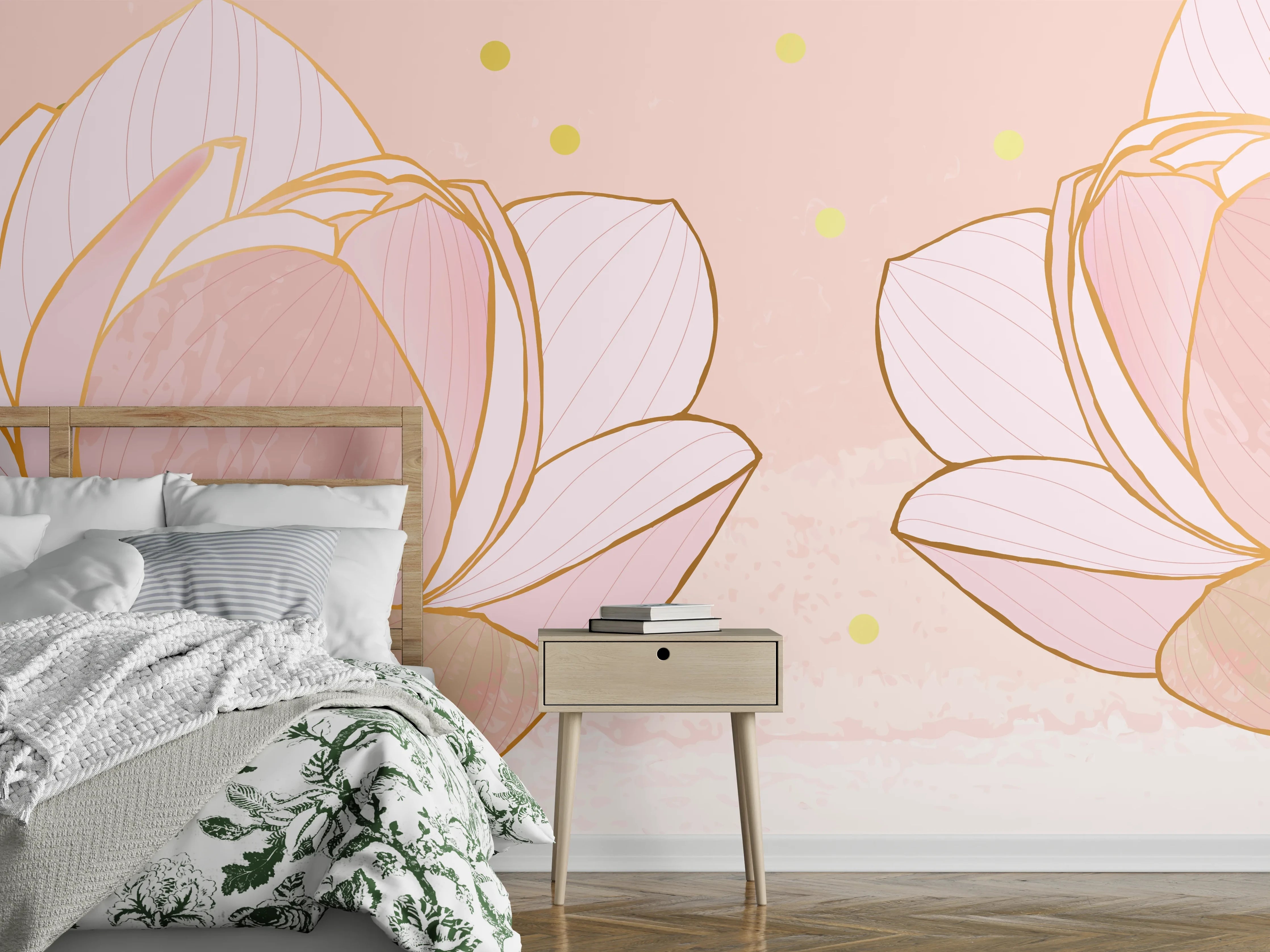 Wandverkleidung Schlafzimmer - Lotusblüte Rosa Gold Akzente
