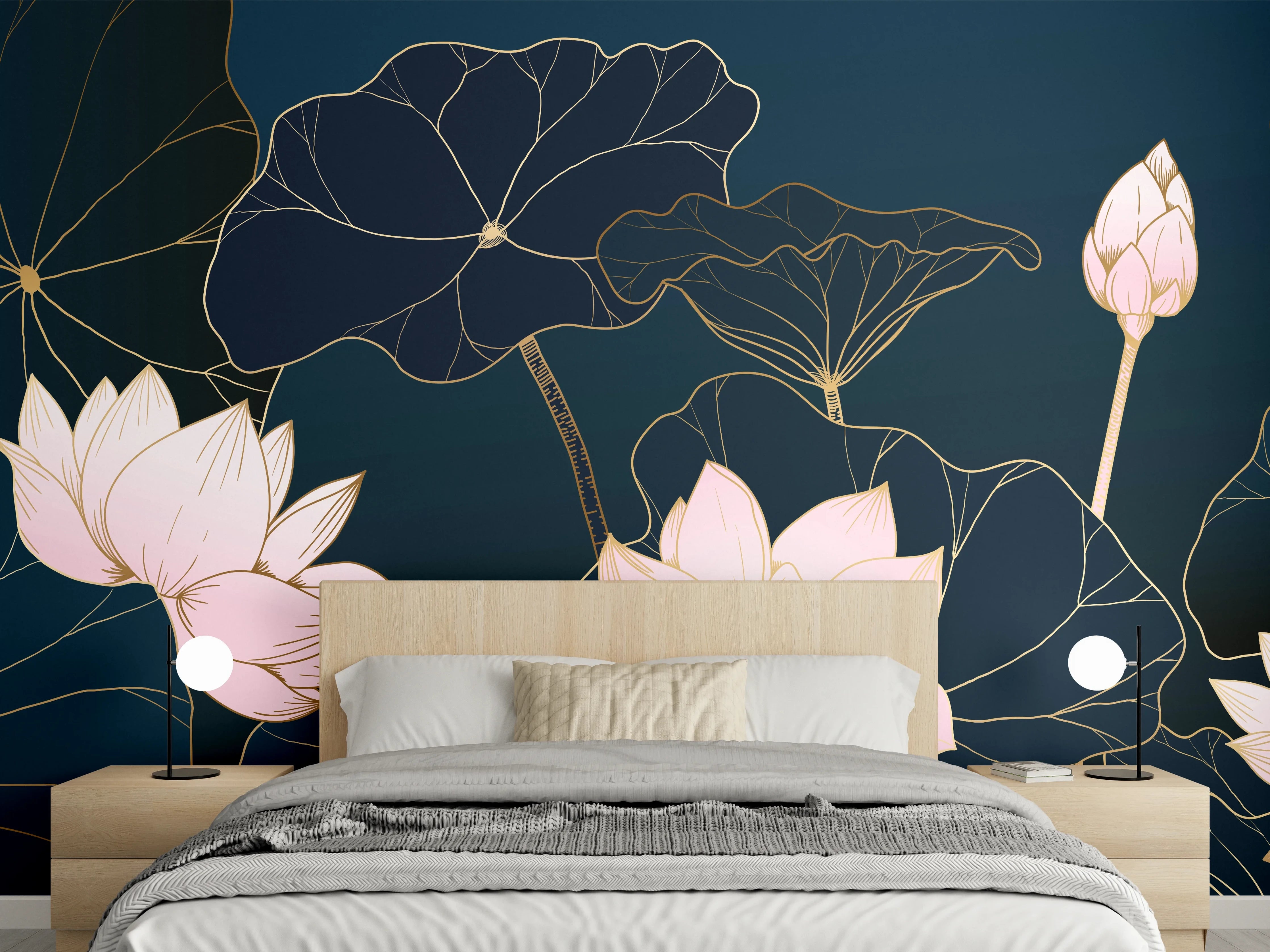 Wandverkleidung Schlafzimmer - Lotusblüten Nachtblau Illustration