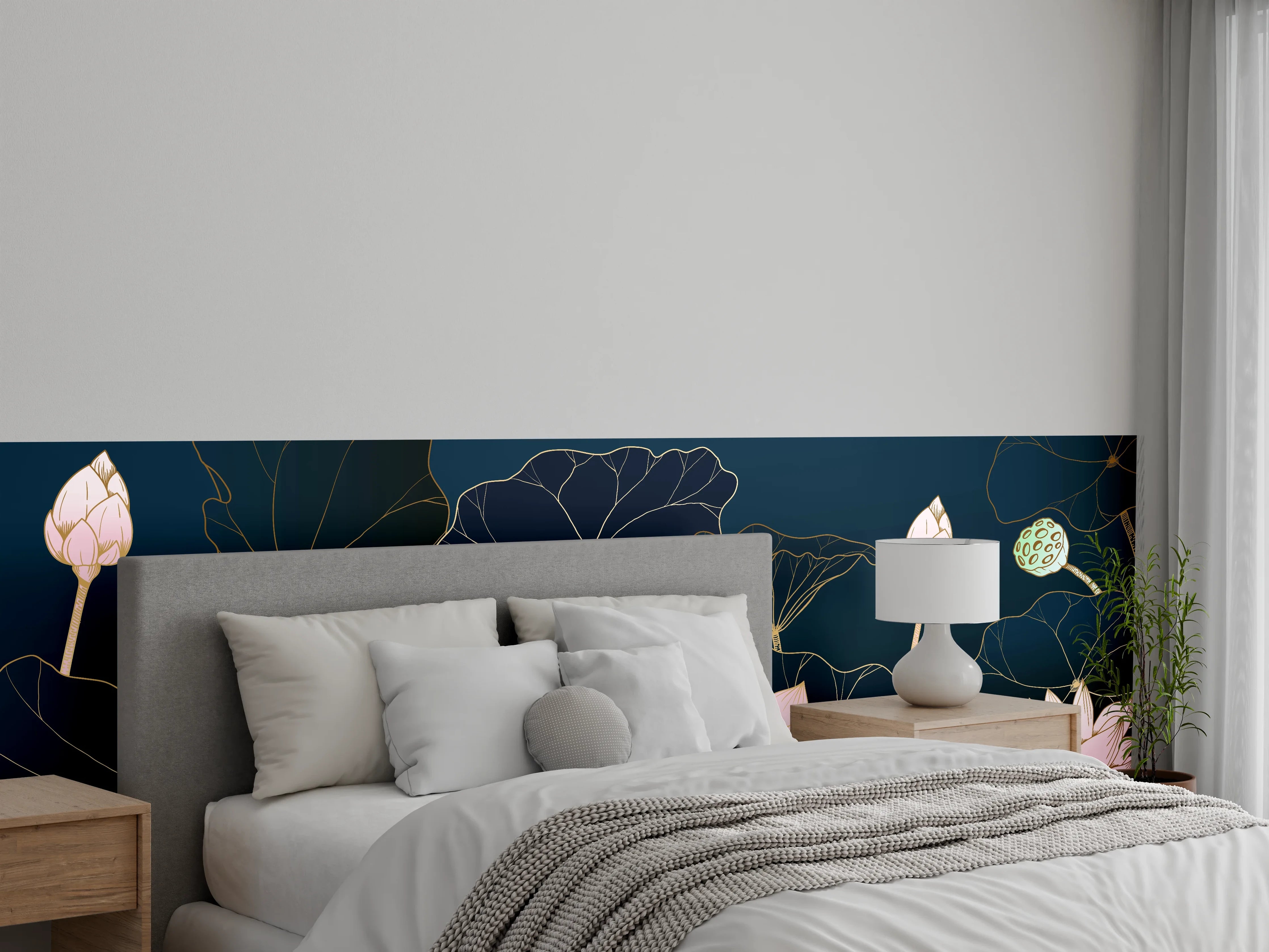 Wandverkleidung Schlafzimmer - Lotusblüten Nachtblau Illustration