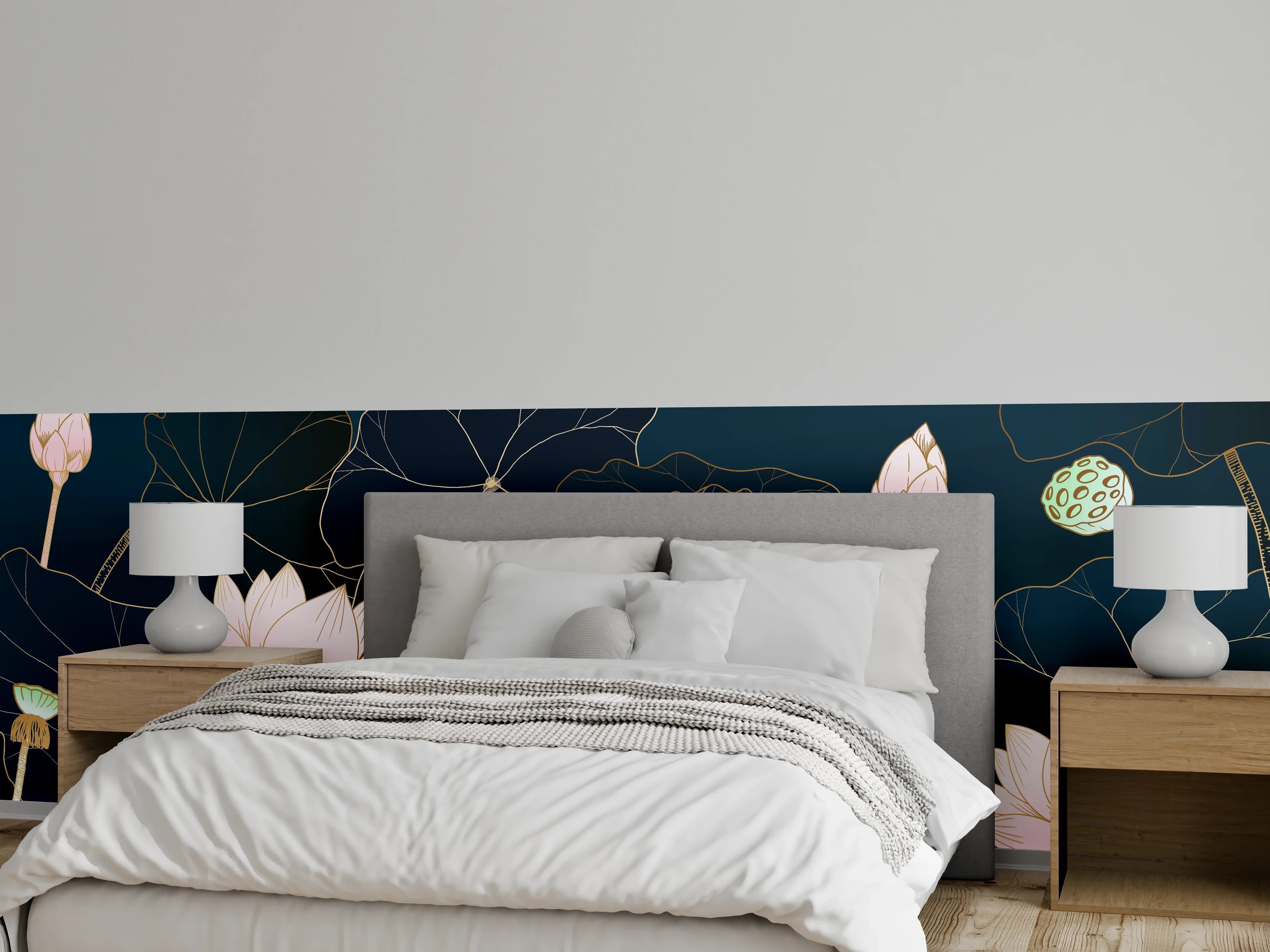 Wandverkleidung Schlafzimmer - Lotusblüten Nachtblau Illustration