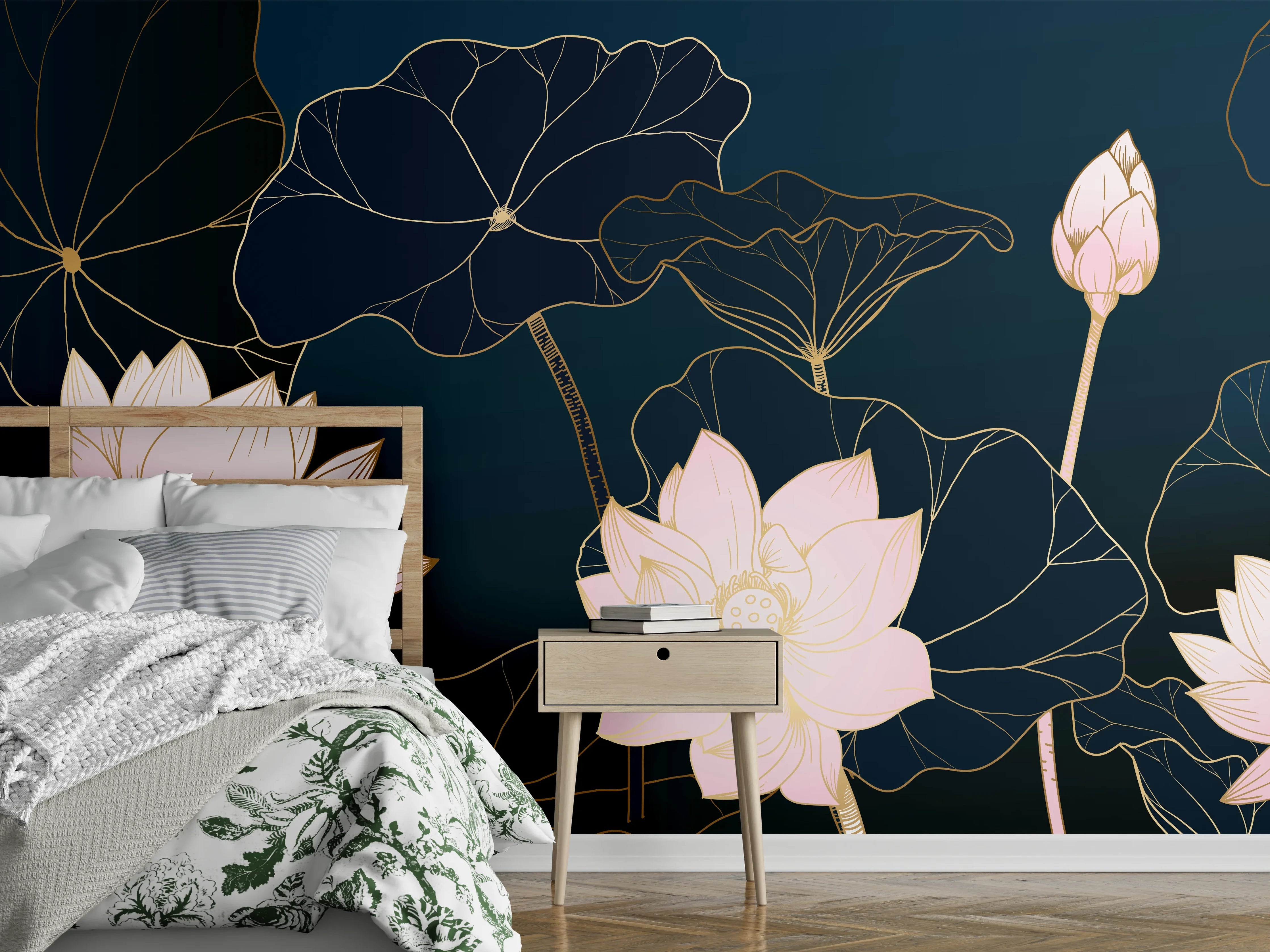 Wandverkleidung Schlafzimmer - Lotusblüten Nachtblau Illustration