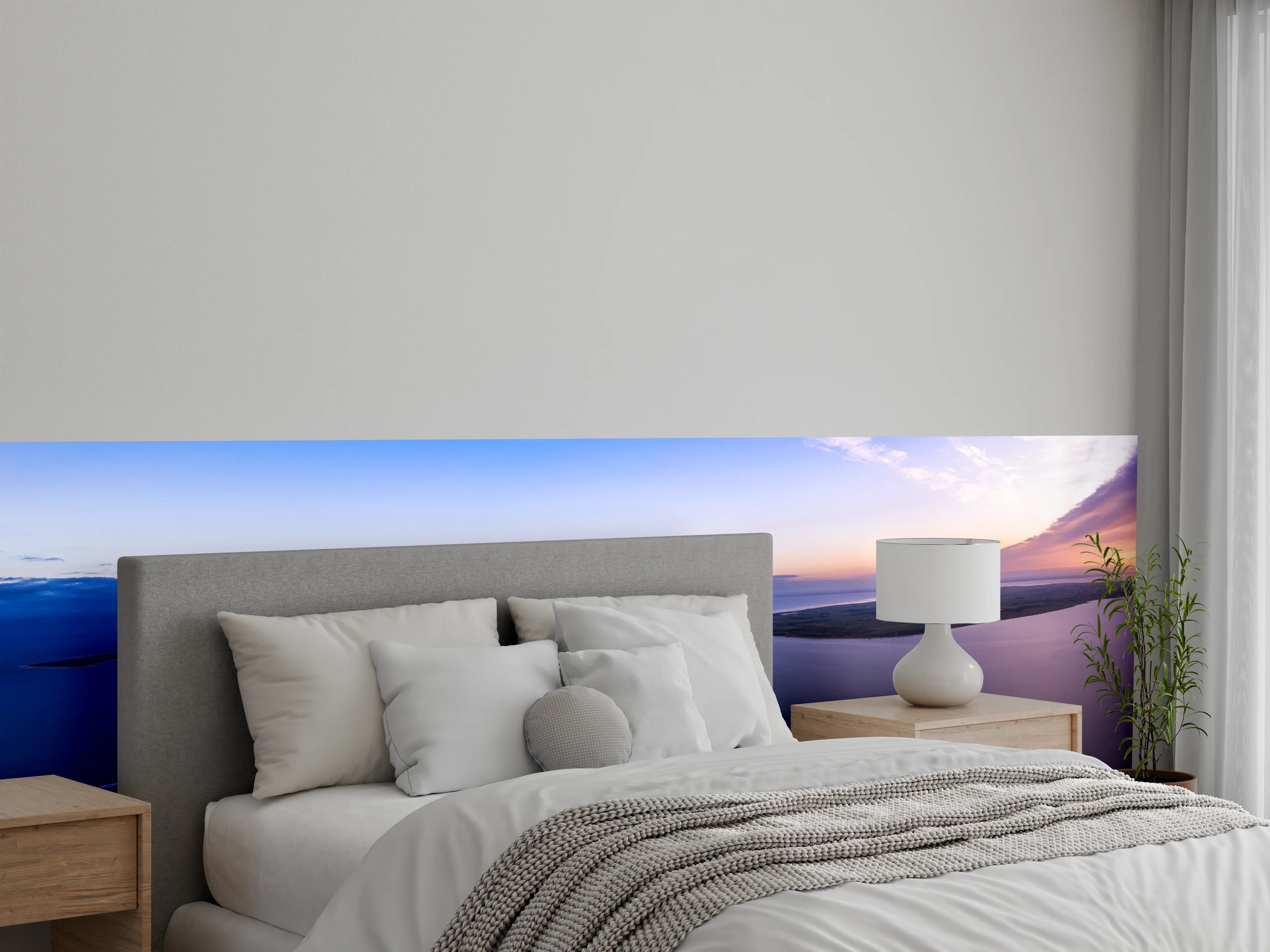 Wandverkleidung Schlafzimmer - Luftige Küstenlandschaft Panorama Sonnenuntergang