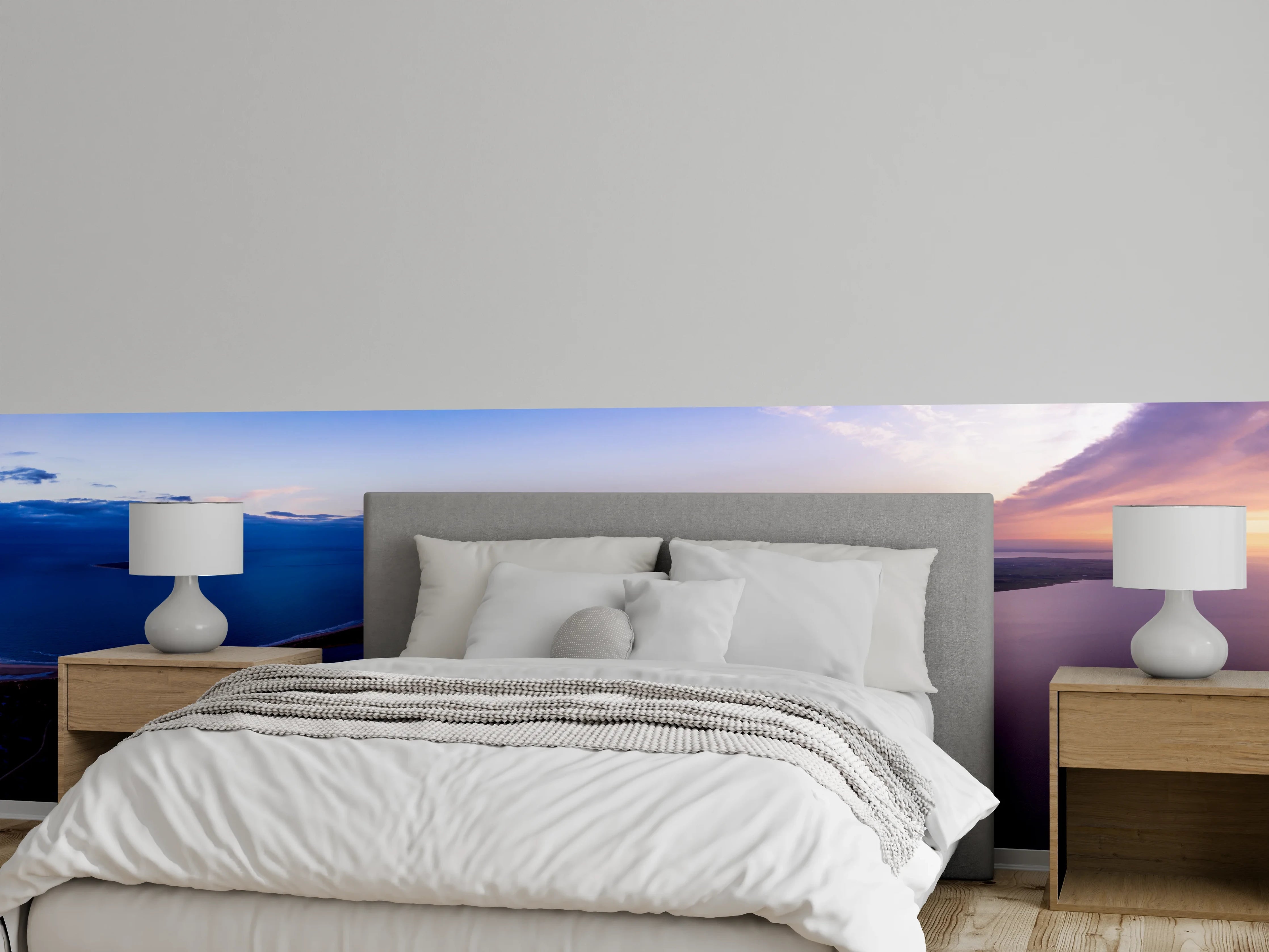 Wandverkleidung Schlafzimmer - Luftige Küstenlandschaft Panorama Sonnenuntergang