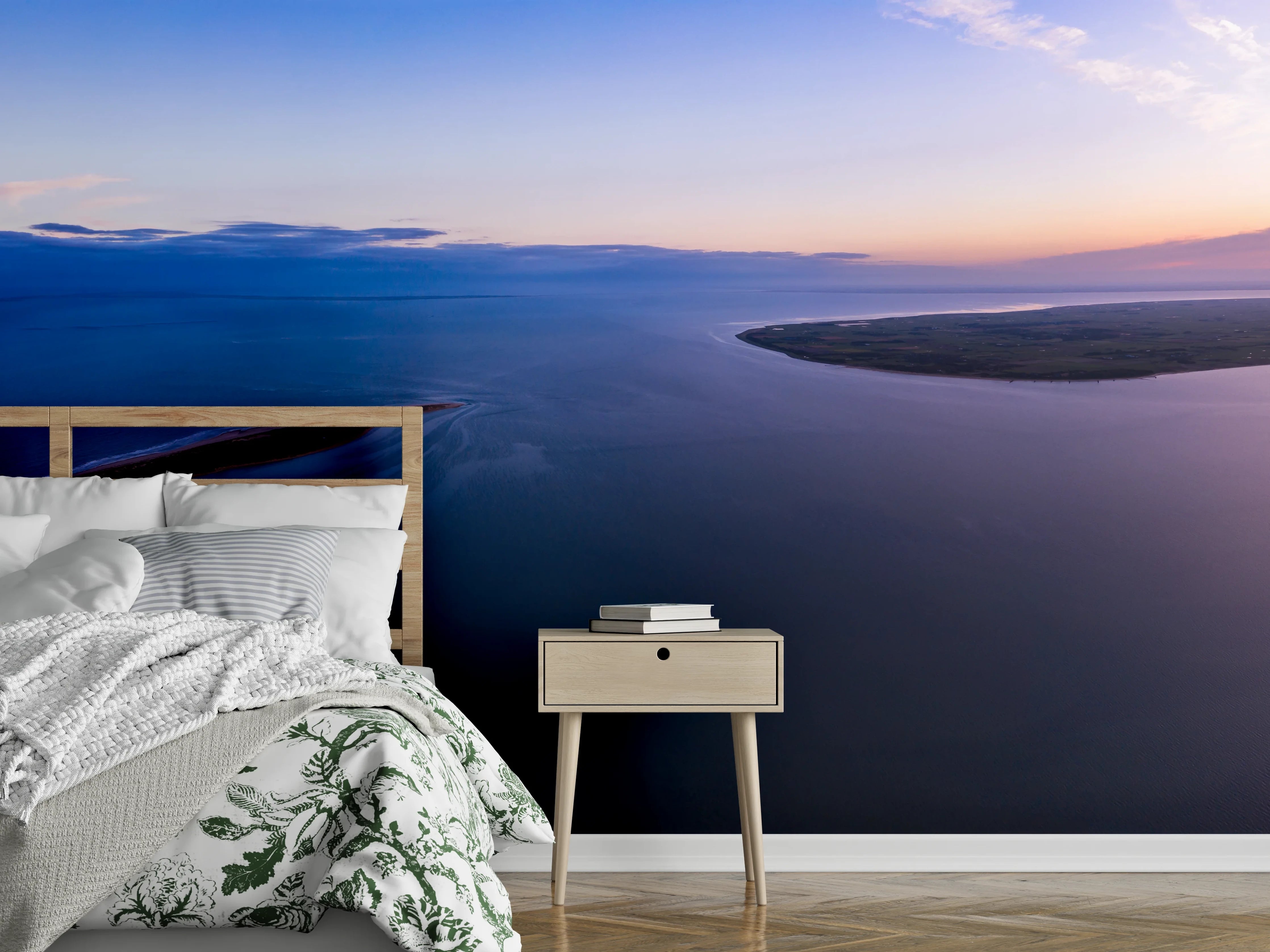 Wandverkleidung Schlafzimmer - Luftige Küstenlandschaft Panorama Sonnenuntergang