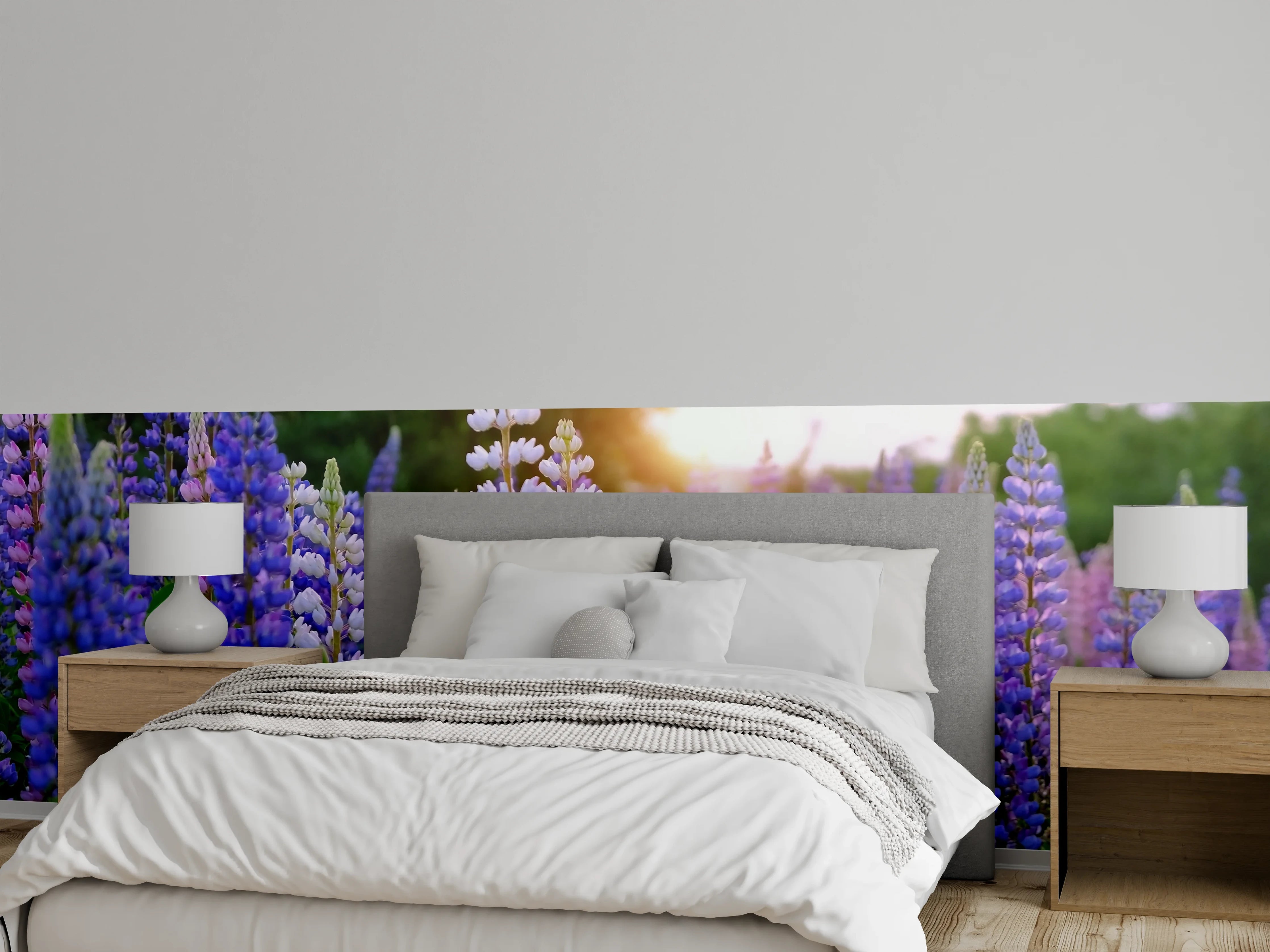 Wandverkleidung Schlafzimmer - Lupinenwiese bei Sonnenuntergang