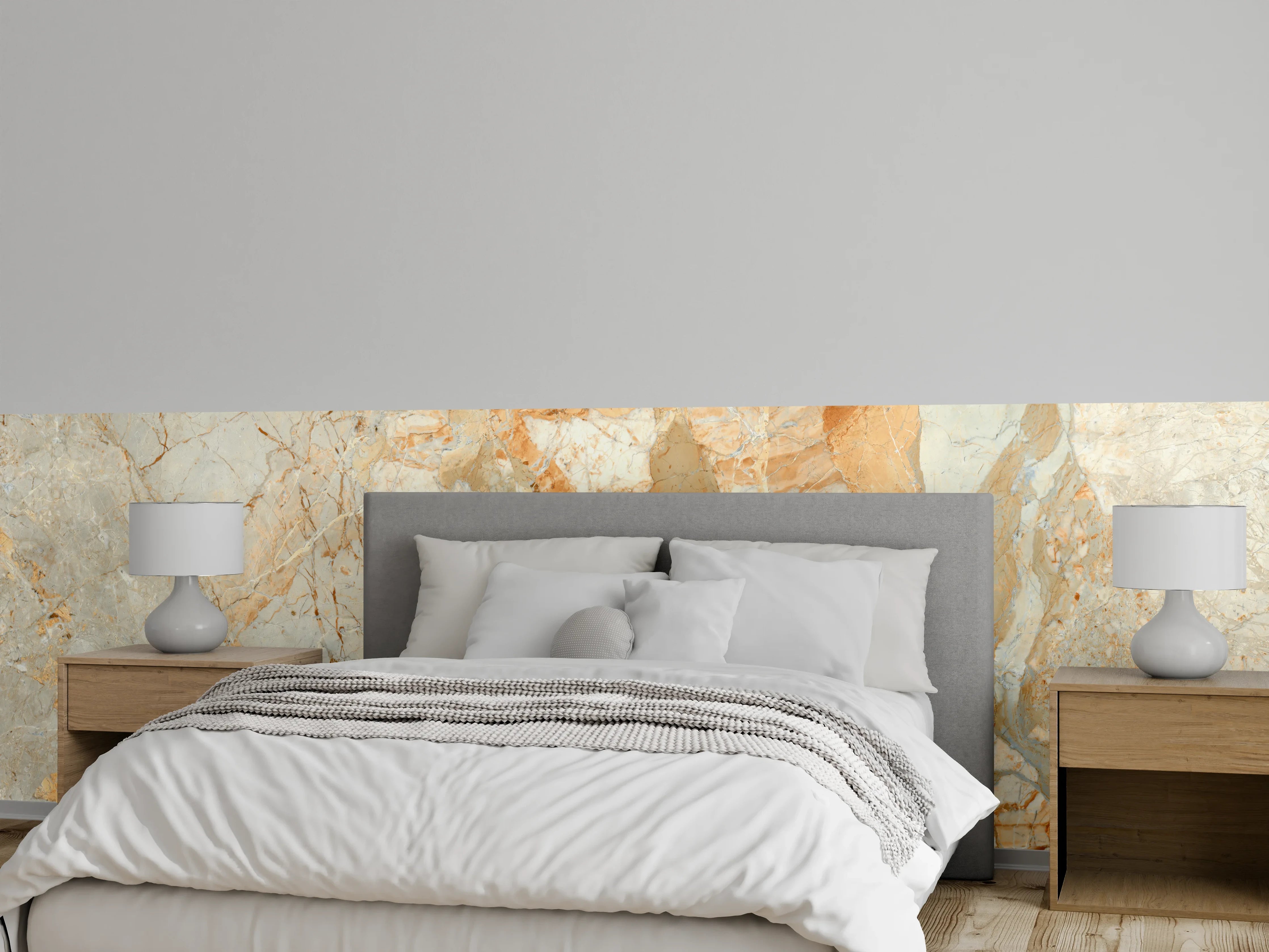 Wandverkleidung Schlafzimmer - Luxuriöse Marmoroptik in Beige und Grau