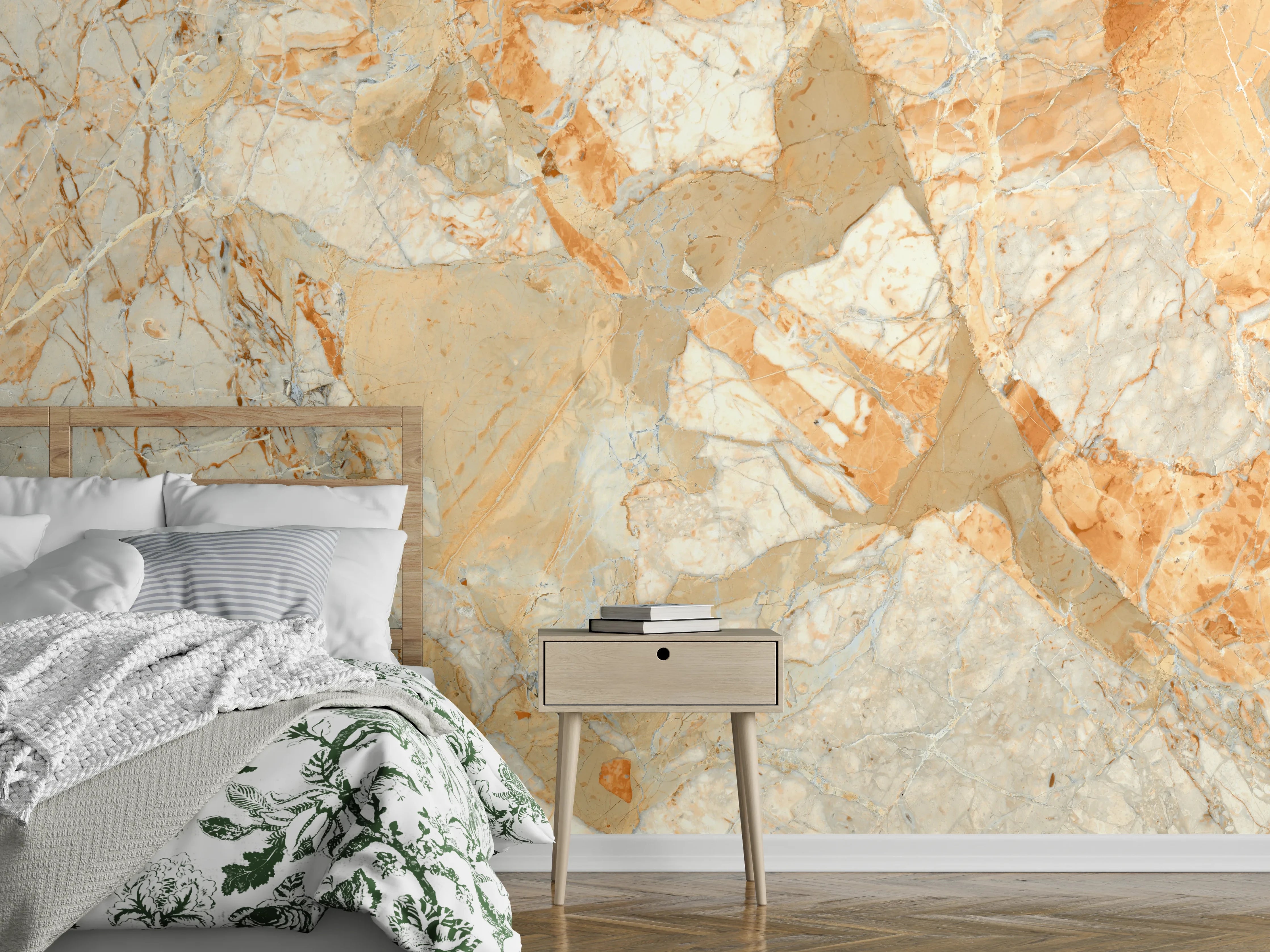 Wandverkleidung Schlafzimmer - Luxuriöse Marmoroptik in Beige und Grau
