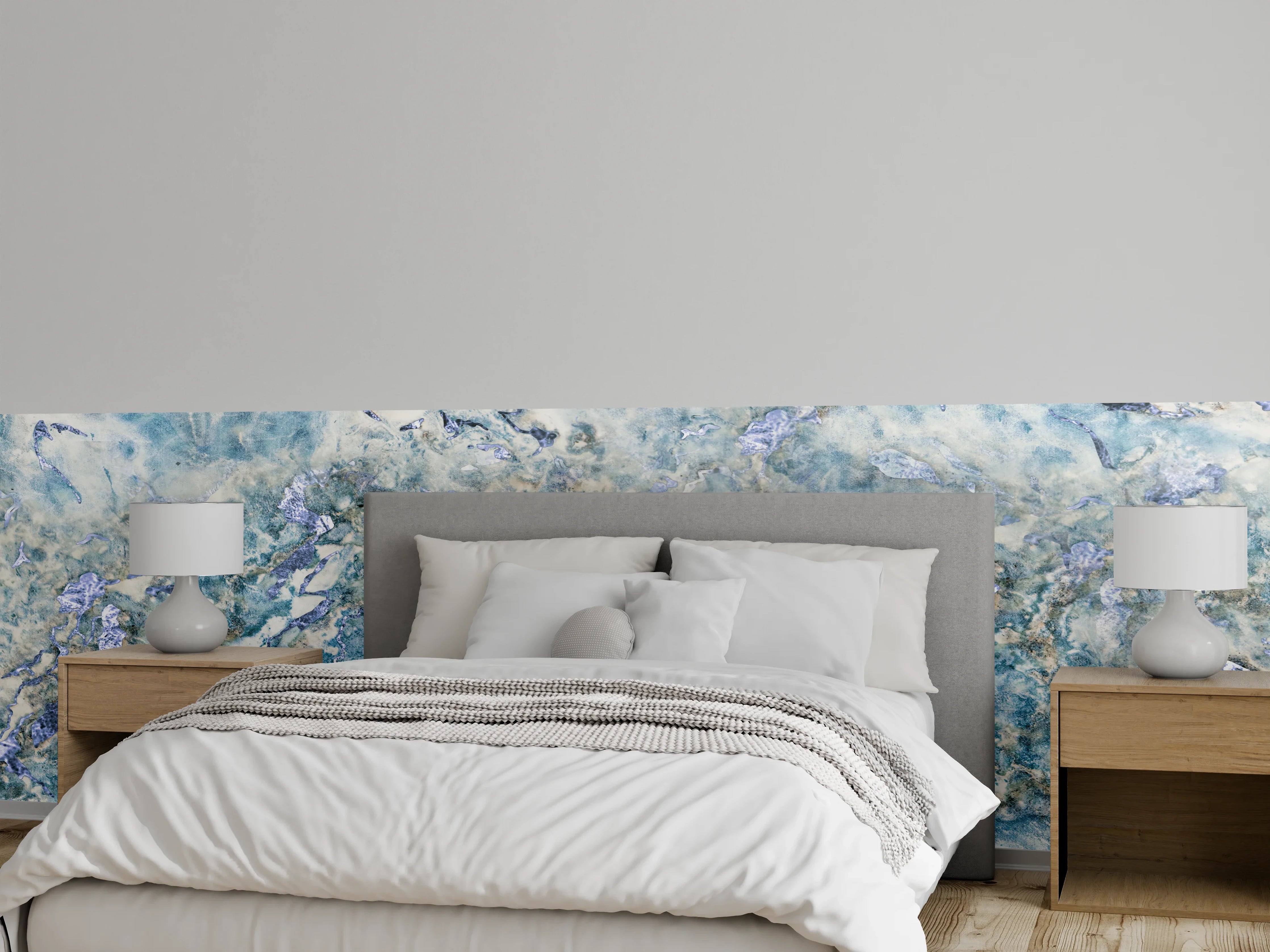 Wandverkleidung Schlafzimmer - Luxus-Marmoroptik in Blau und Grau